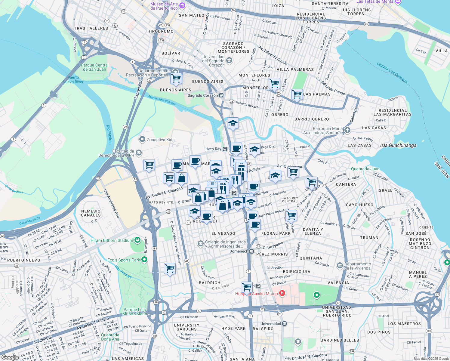 map of restaurants, bars, coffee shops, grocery stores, and more near in San Juan