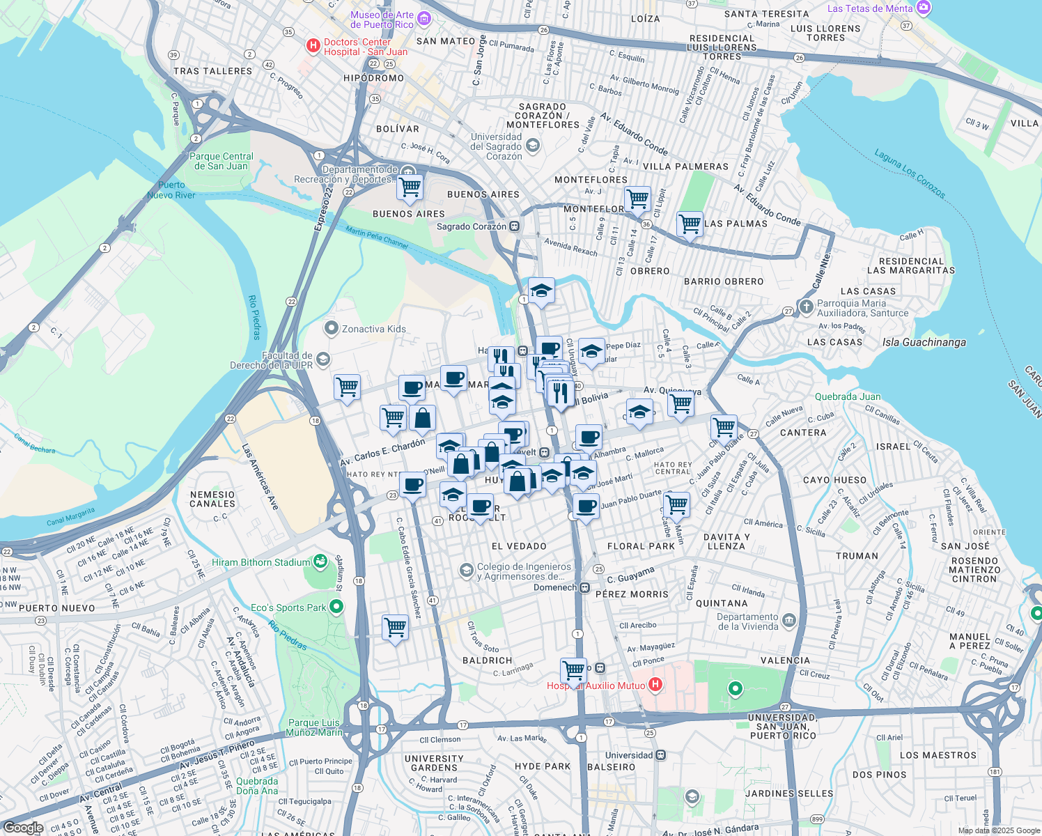 map of restaurants, bars, coffee shops, grocery stores, and more near Calle Carlos F. Chardón in San Juan