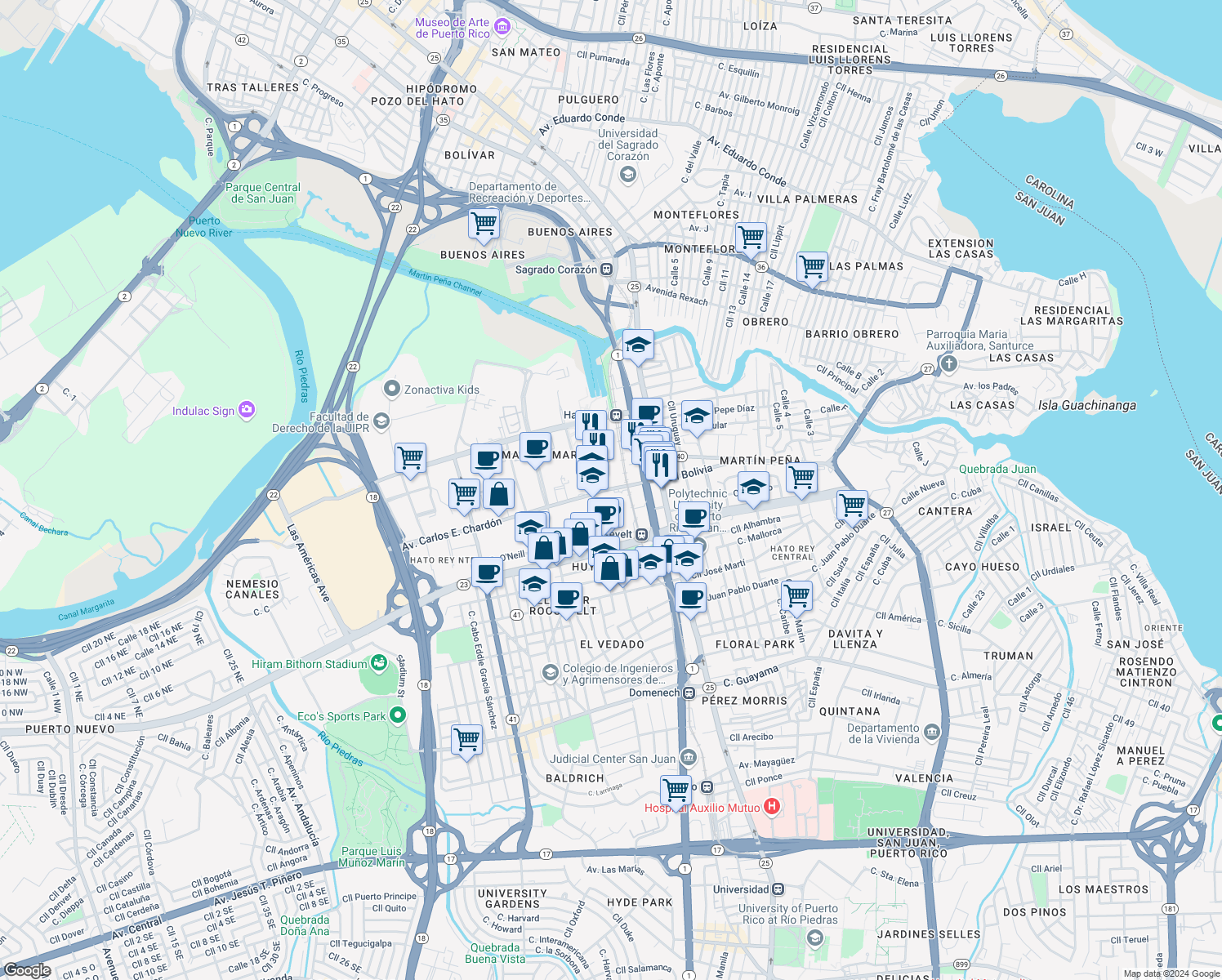 map of restaurants, bars, coffee shops, grocery stores, and more near Calle Carlos F. Chardón in San Juan