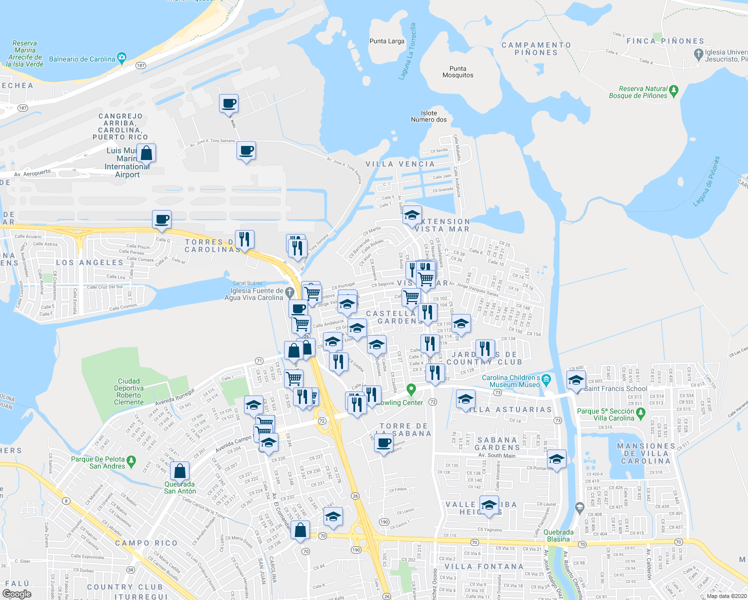 map of restaurants, bars, coffee shops, grocery stores, and more near 9 Calle Cataluña in Carolina