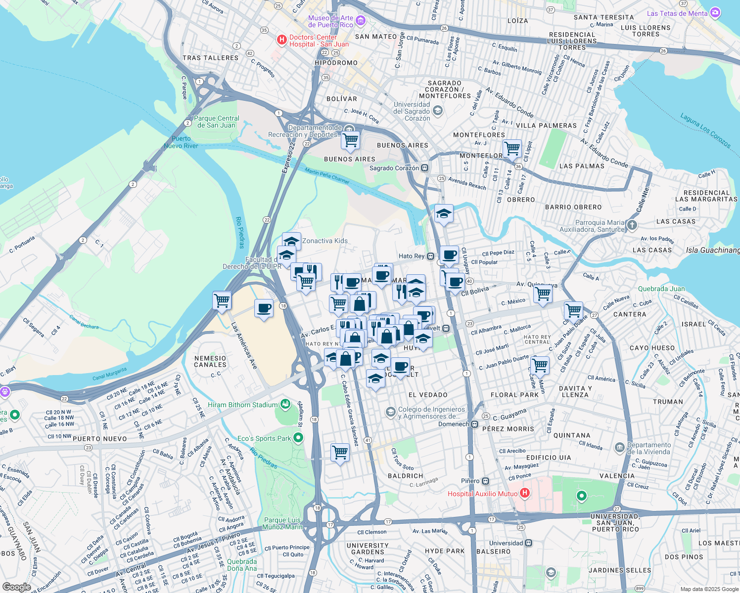 map of restaurants, bars, coffee shops, grocery stores, and more near Cll Jose Oliver in San Juan