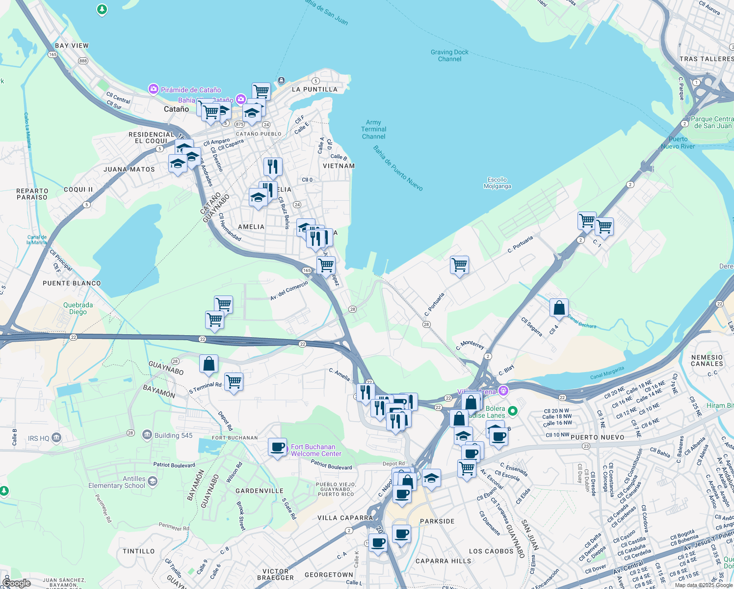 map of restaurants, bars, coffee shops, grocery stores, and more near Avenue Central Juanita in Guaynabo