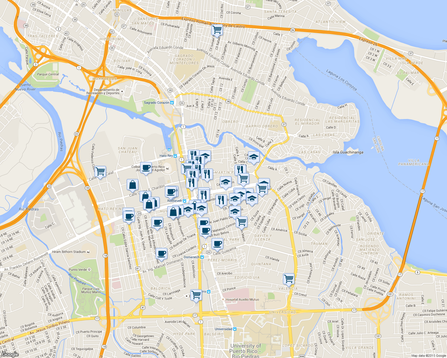 map of restaurants, bars, coffee shops, grocery stores, and more near 158 Calle Lafayette in San Juan