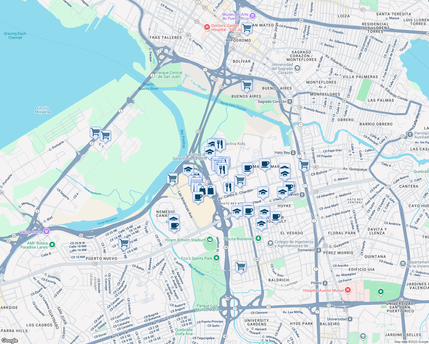 map of restaurants, bars, coffee shops, grocery stores, and more near Calle Juan Calaf in San Juan