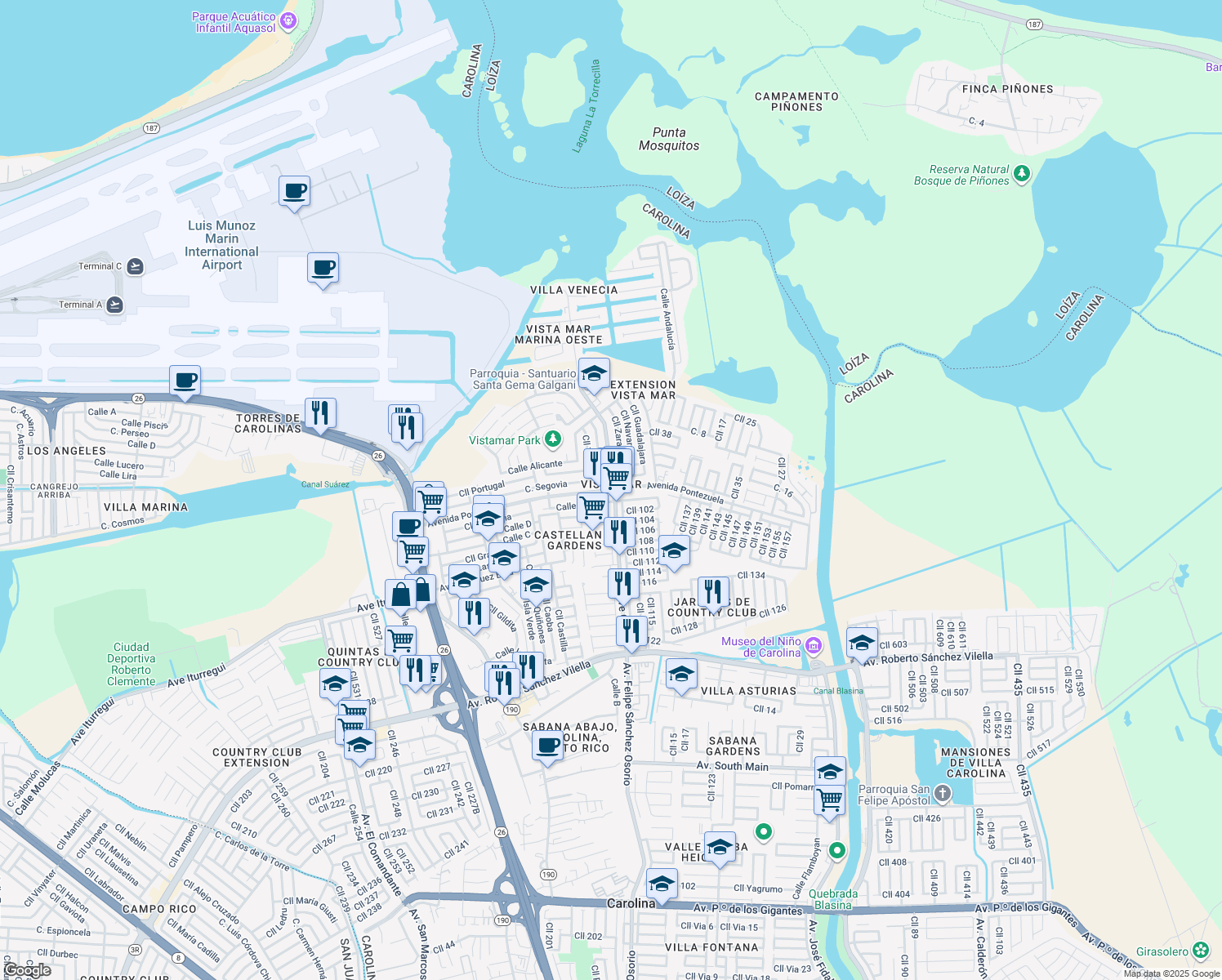 map of restaurants, bars, coffee shops, grocery stores, and more near Avenida Pontezuela in Carolina