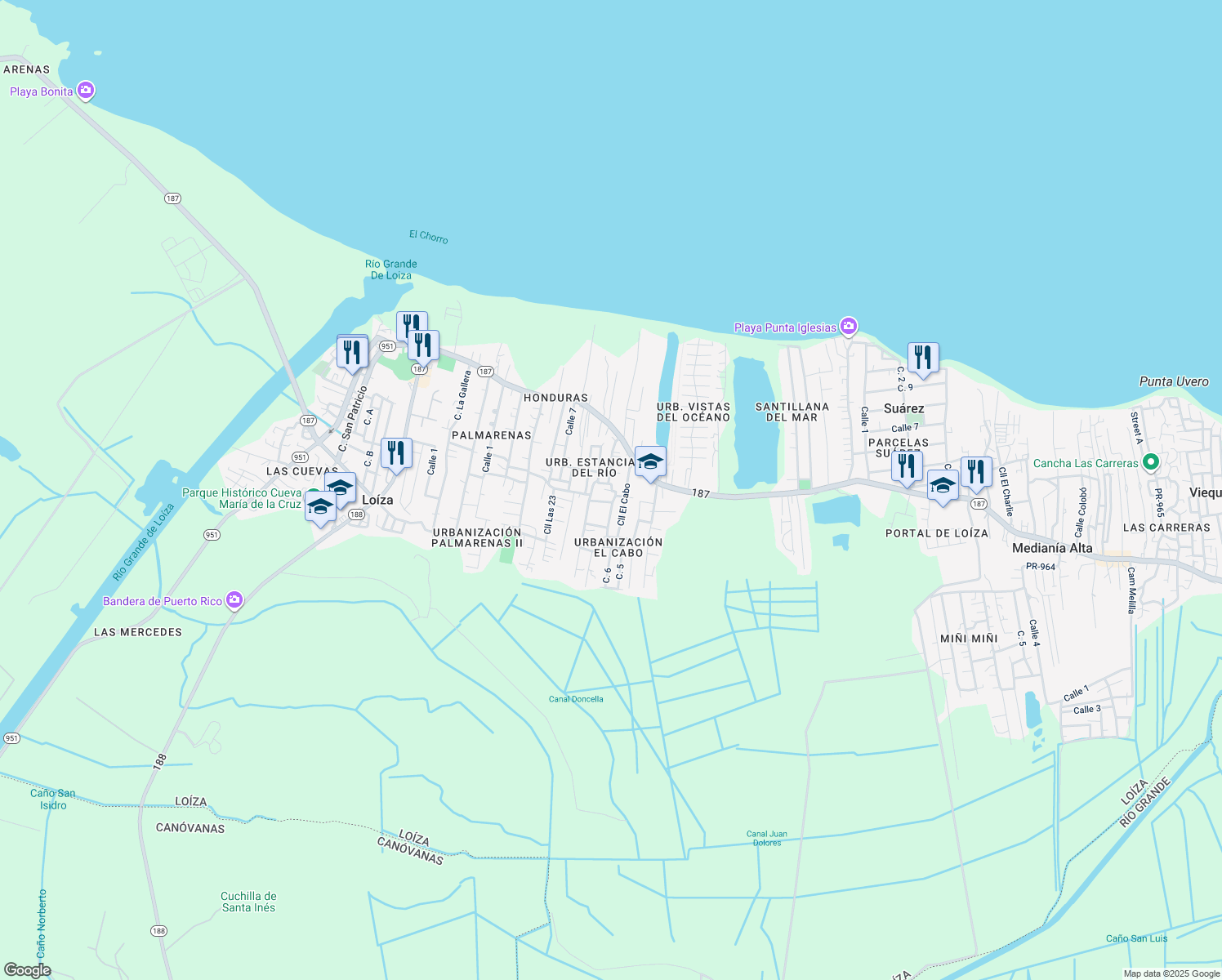 map of restaurants, bars, coffee shops, grocery stores, and more near Calle El Cabo in Loíza