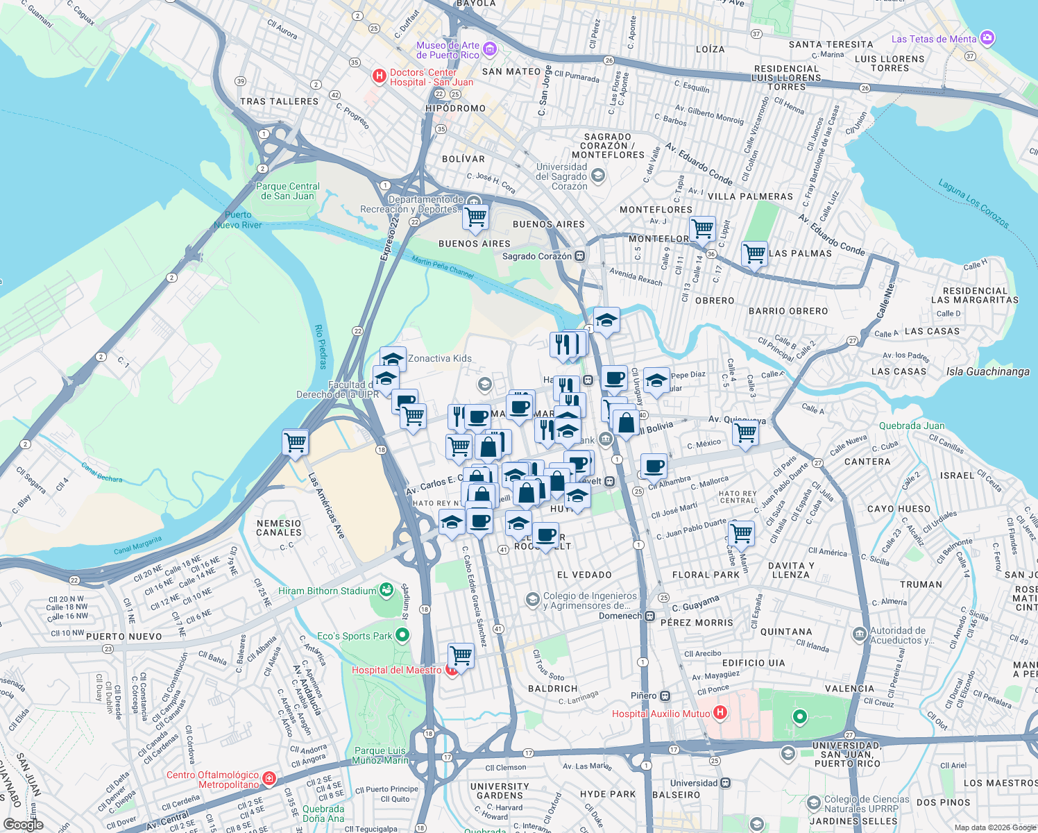 map of restaurants, bars, coffee shops, grocery stores, and more near in San Juan