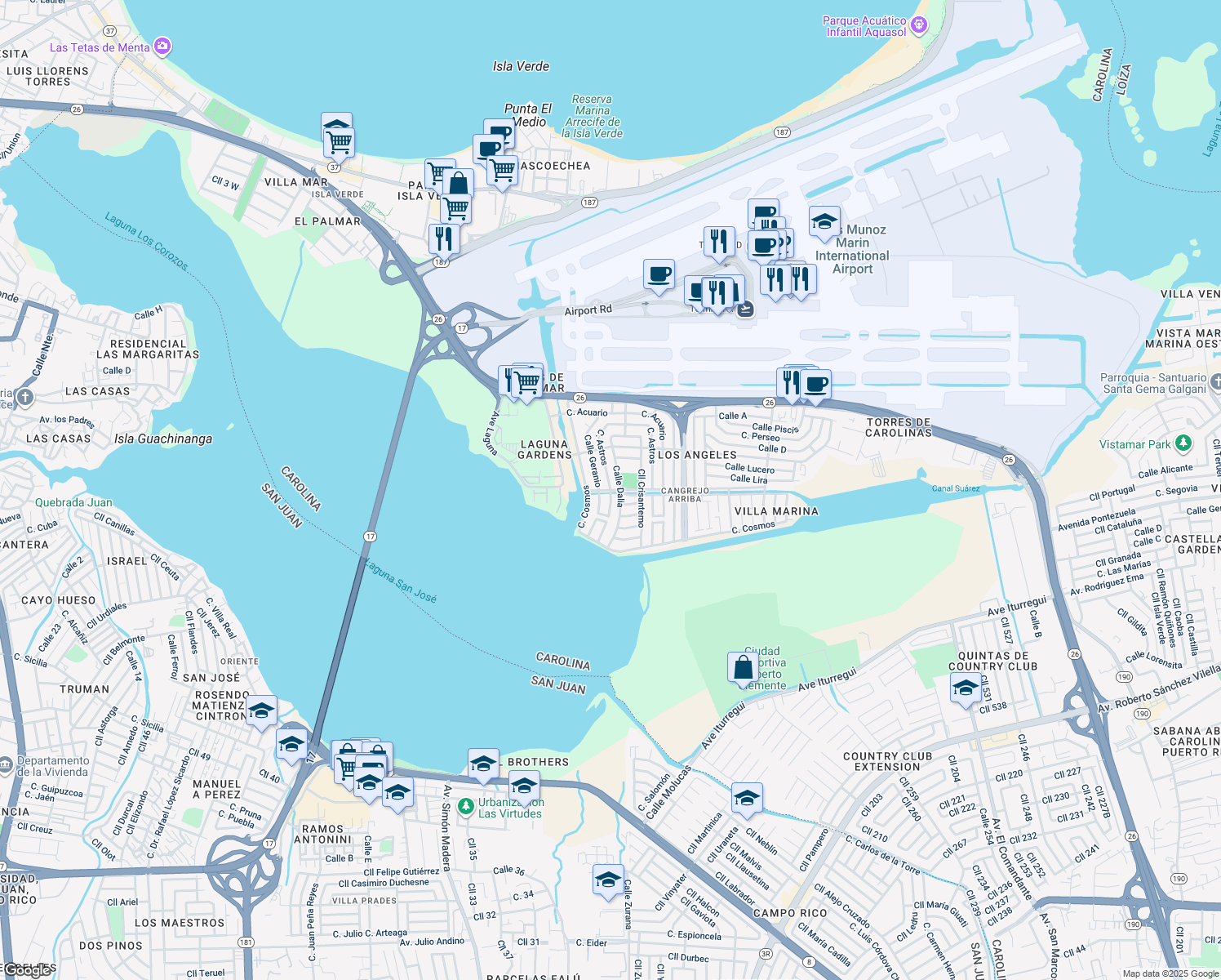 map of restaurants, bars, coffee shops, grocery stores, and more near Calle Gardenia in Carolina