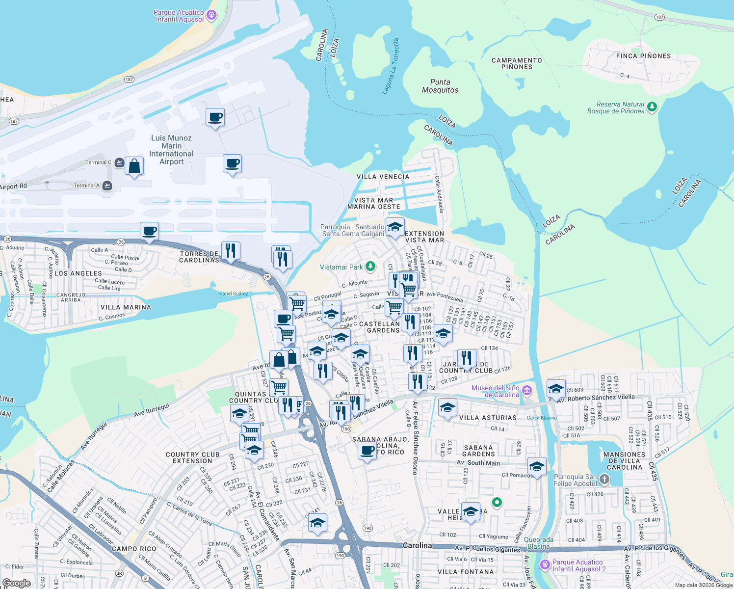 map of restaurants, bars, coffee shops, grocery stores, and more near Calle Segovia in Carolina