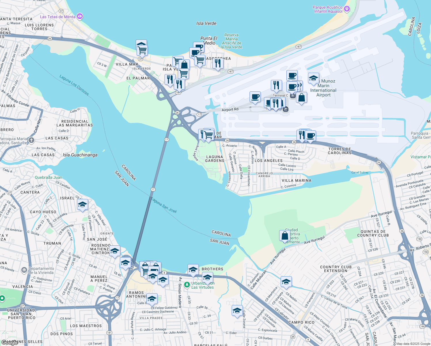 map of restaurants, bars, coffee shops, grocery stores, and more near 19-25 Ave Laguna in Carolina