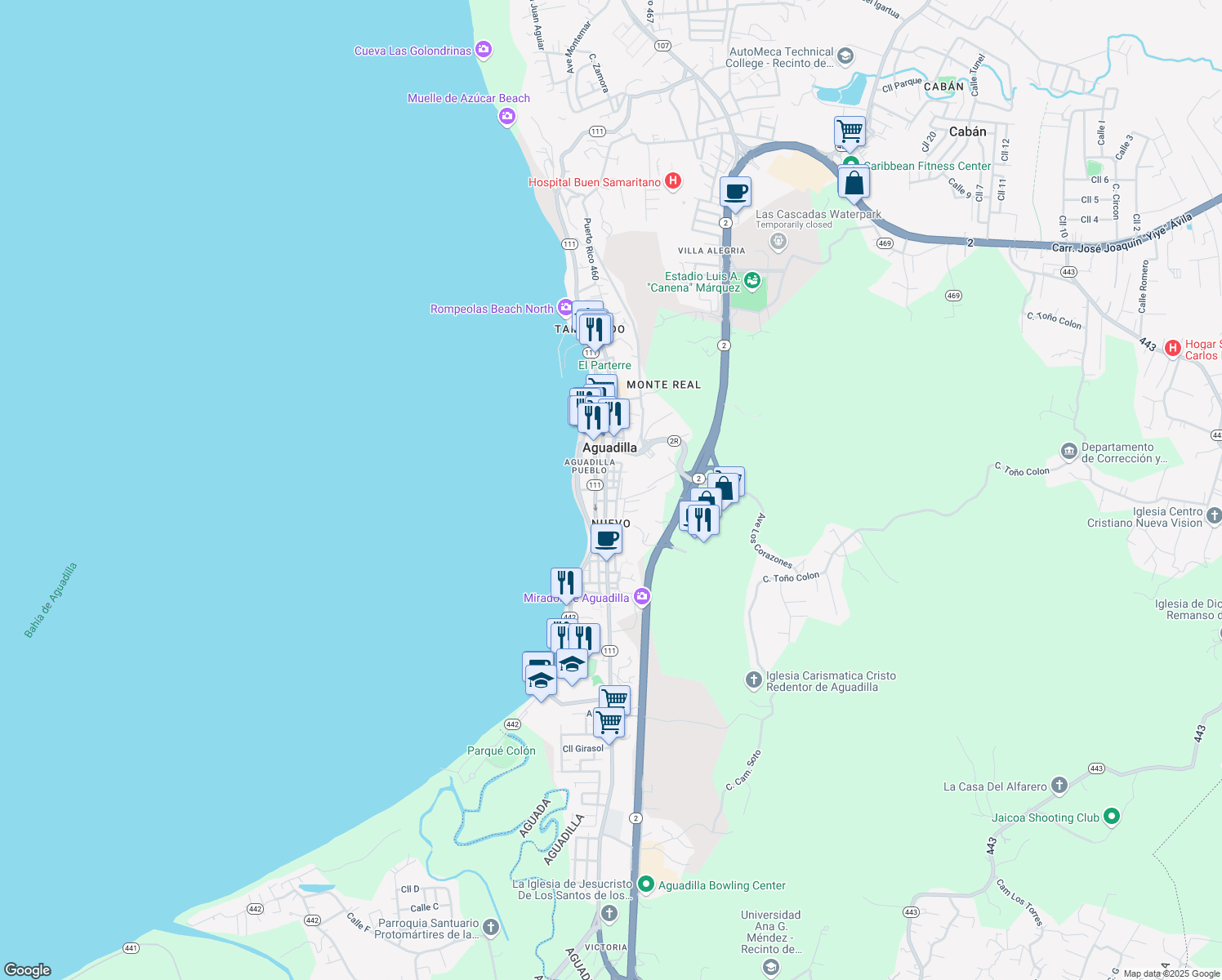 map of restaurants, bars, coffee shops, grocery stores, and more near in Aguadilla