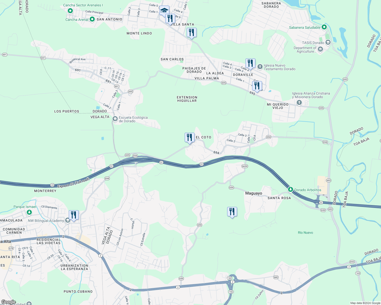map of restaurants, bars, coffee shops, grocery stores, and more near Highway 694 in Dorado