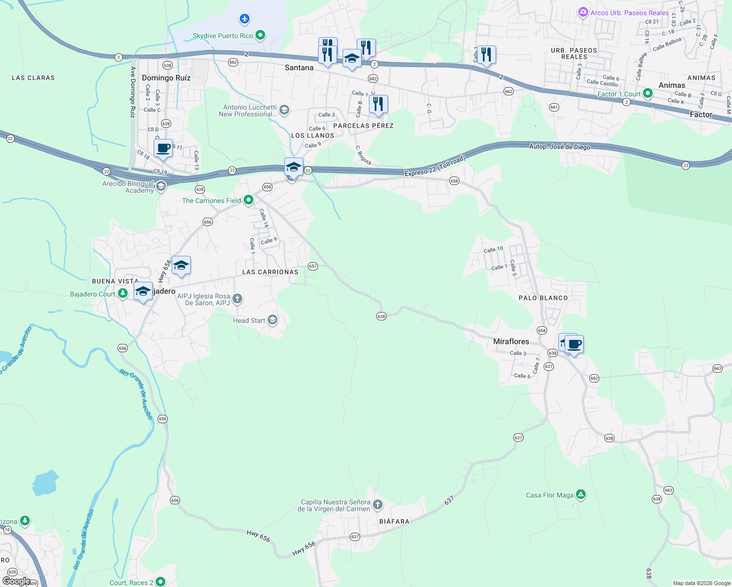 map of restaurants, bars, coffee shops, grocery stores, and more near Puerto Rico 638 in Arecibo
