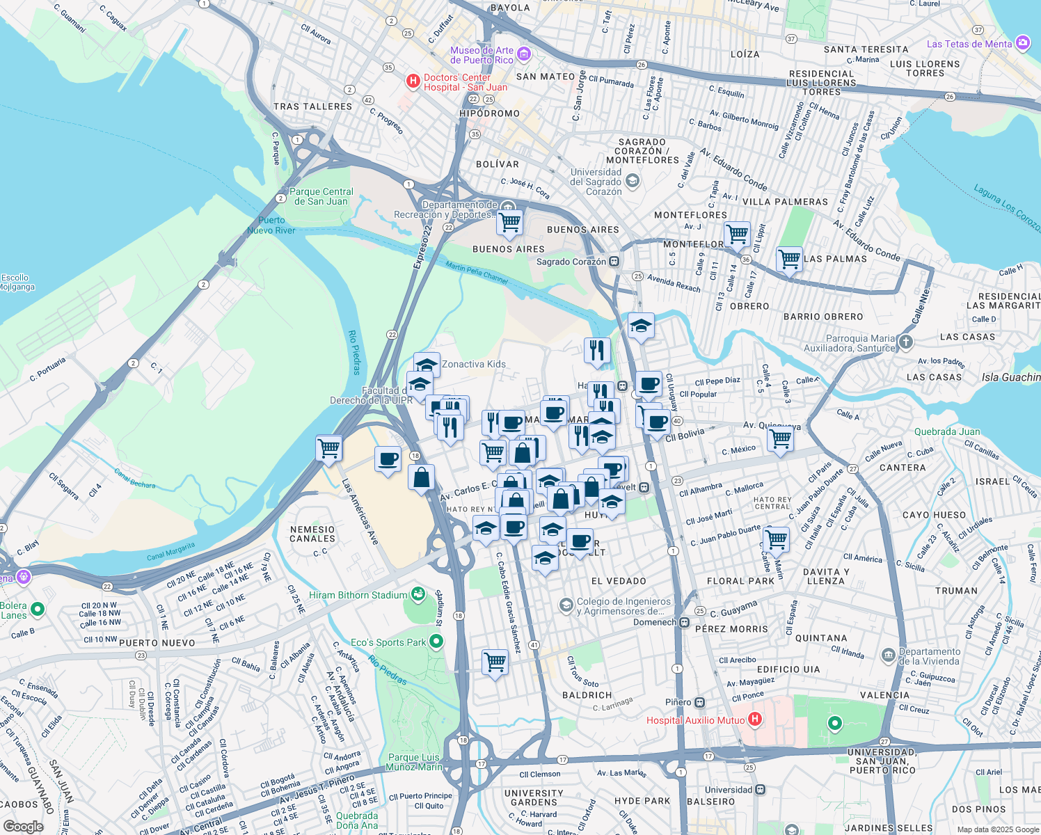map of restaurants, bars, coffee shops, grocery stores, and more near Cll Jose Oliver in San Juan