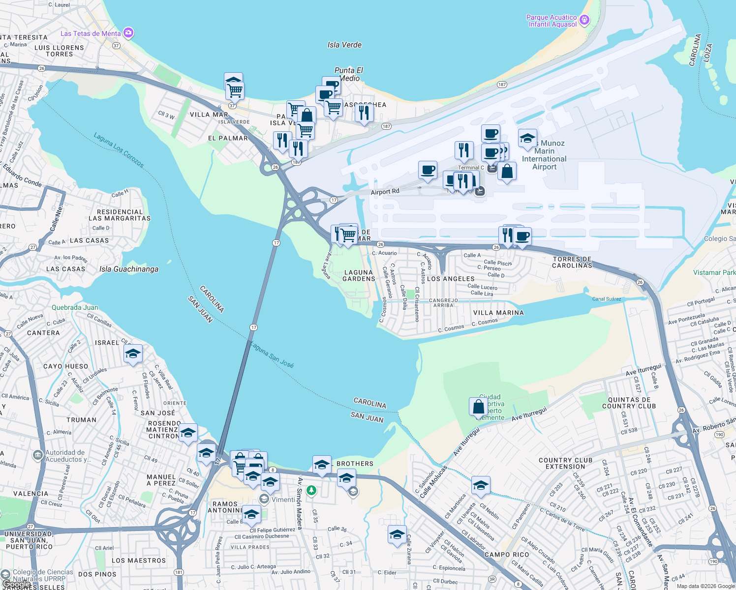 map of restaurants, bars, coffee shops, grocery stores, and more near 19-25 Ave Laguna in Carolina