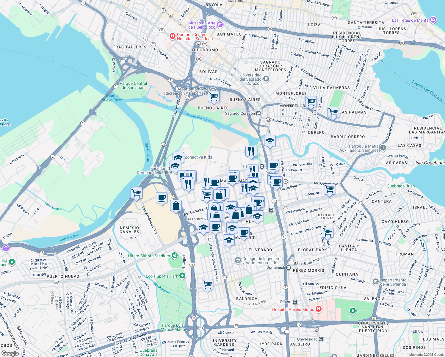 map of restaurants, bars, coffee shops, grocery stores, and more near Cll Jose Oliver in San Juan