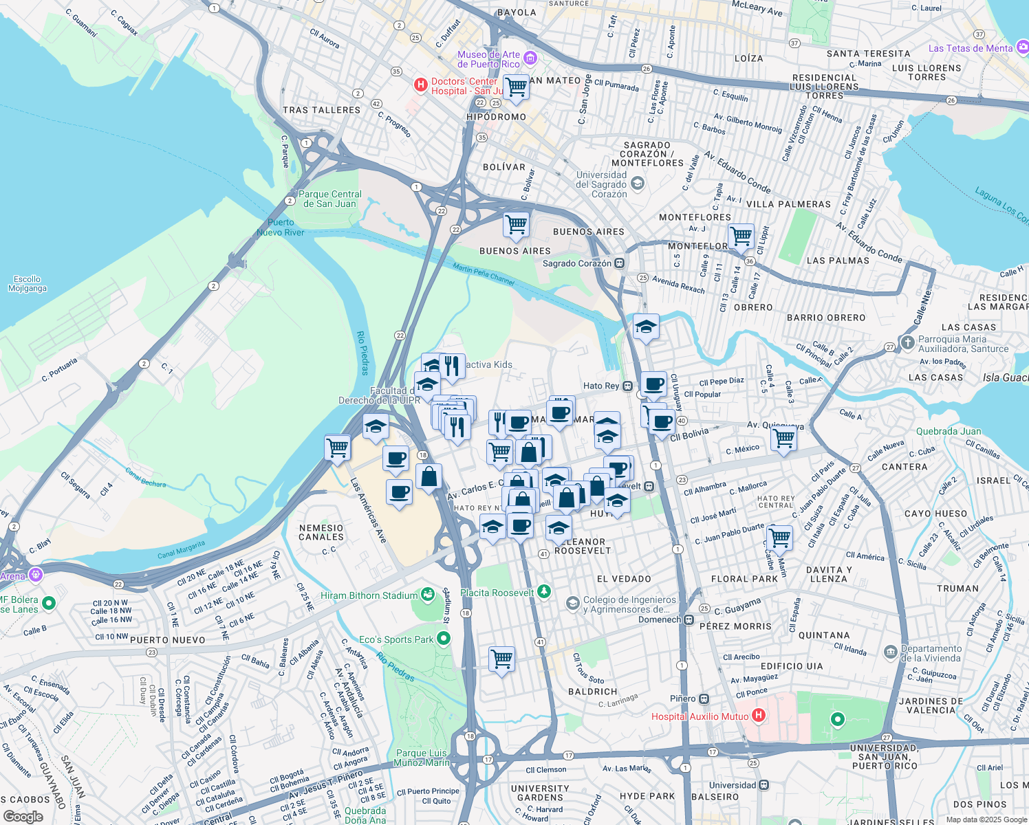 map of restaurants, bars, coffee shops, grocery stores, and more near Avenida Arterial B in San Juan