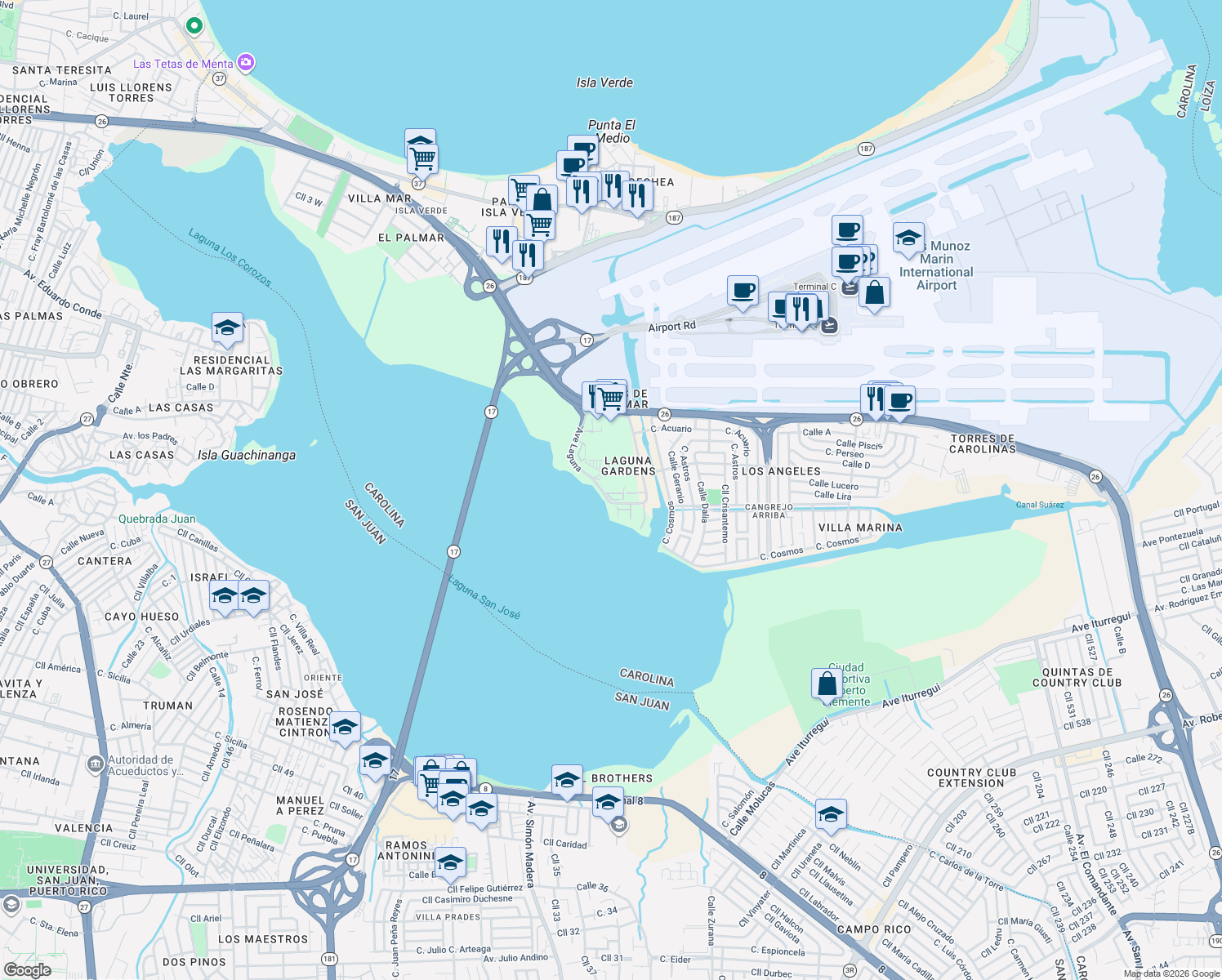 map of restaurants, bars, coffee shops, grocery stores, and more near 19-25 Ave Laguna in Carolina