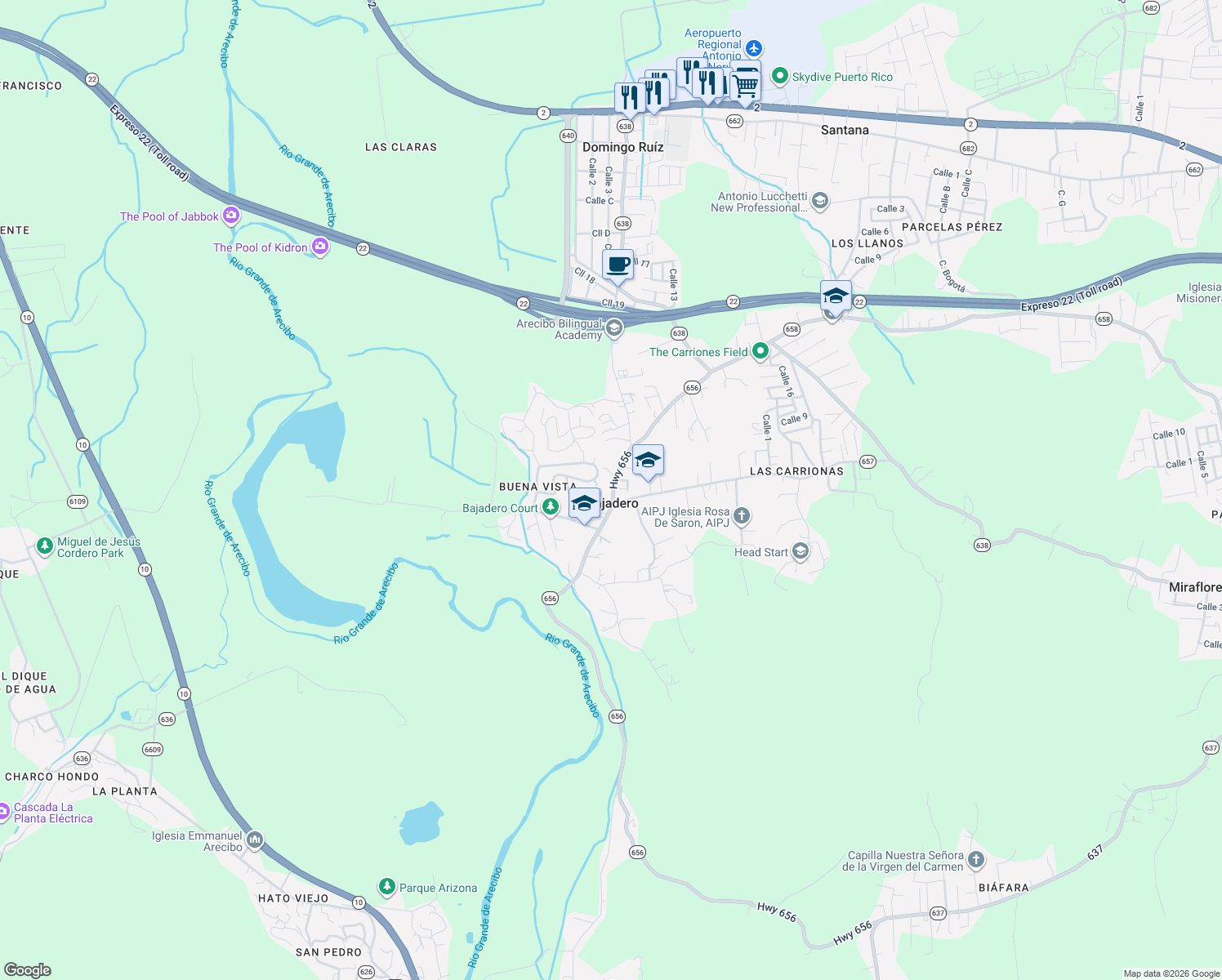 map of restaurants, bars, coffee shops, grocery stores, and more near Route 656 in Bajadero