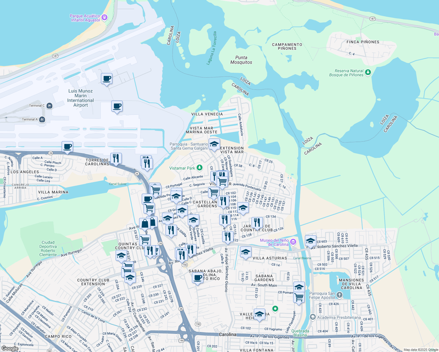 map of restaurants, bars, coffee shops, grocery stores, and more near 905 Avenida Galicia in Carolina