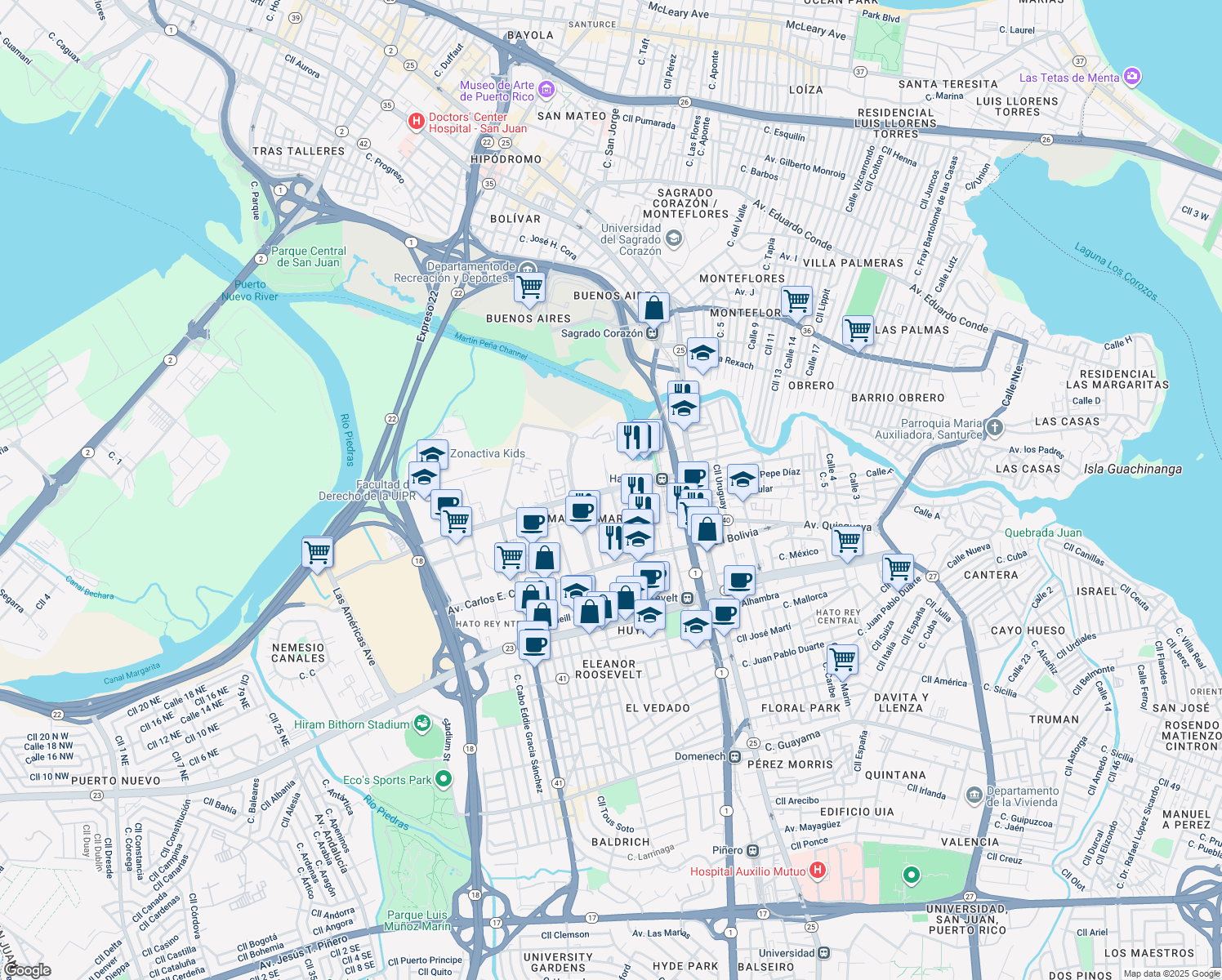 map of restaurants, bars, coffee shops, grocery stores, and more near in San Juan
