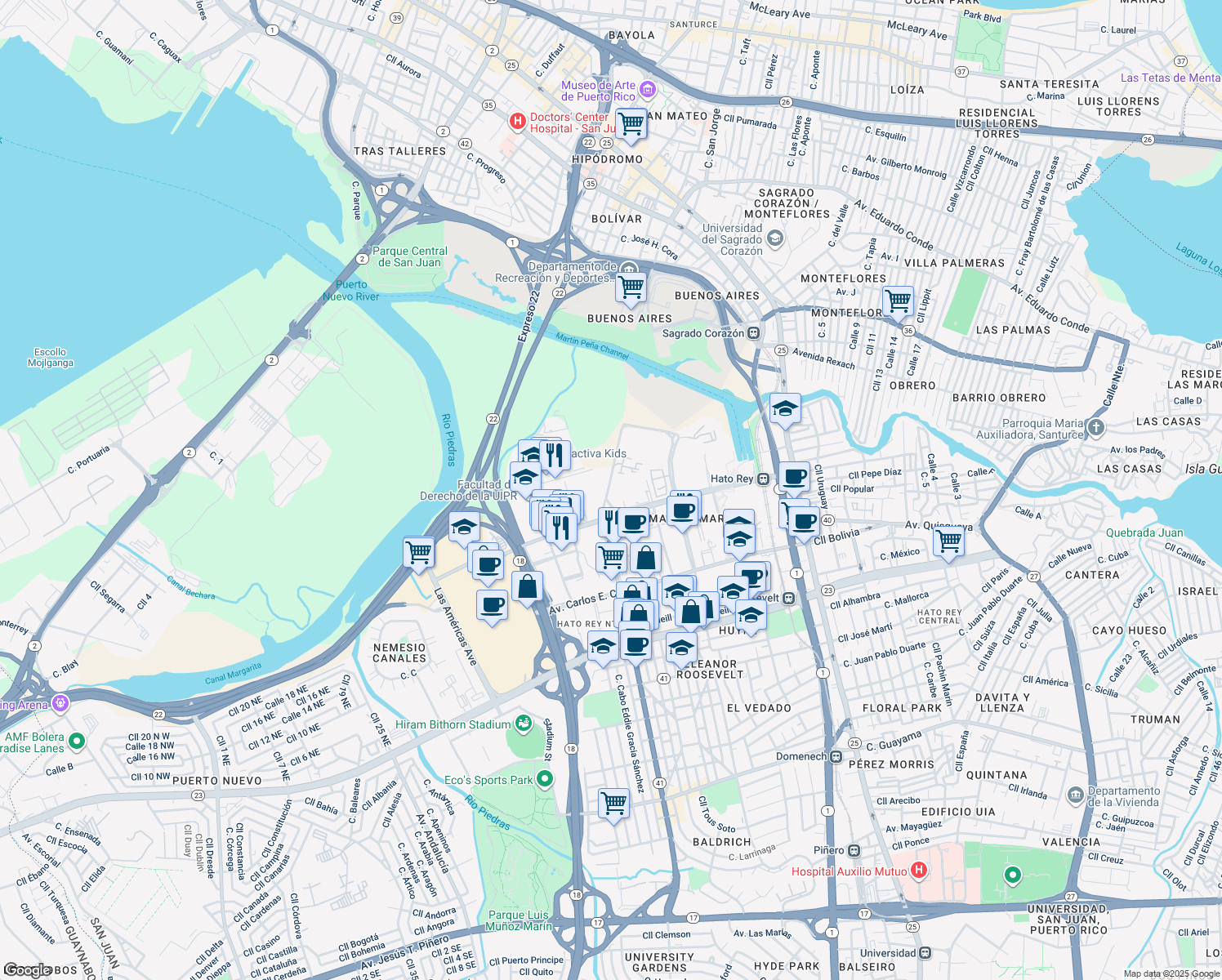 map of restaurants, bars, coffee shops, grocery stores, and more near 210 Calle Jose Oliver in San Juan