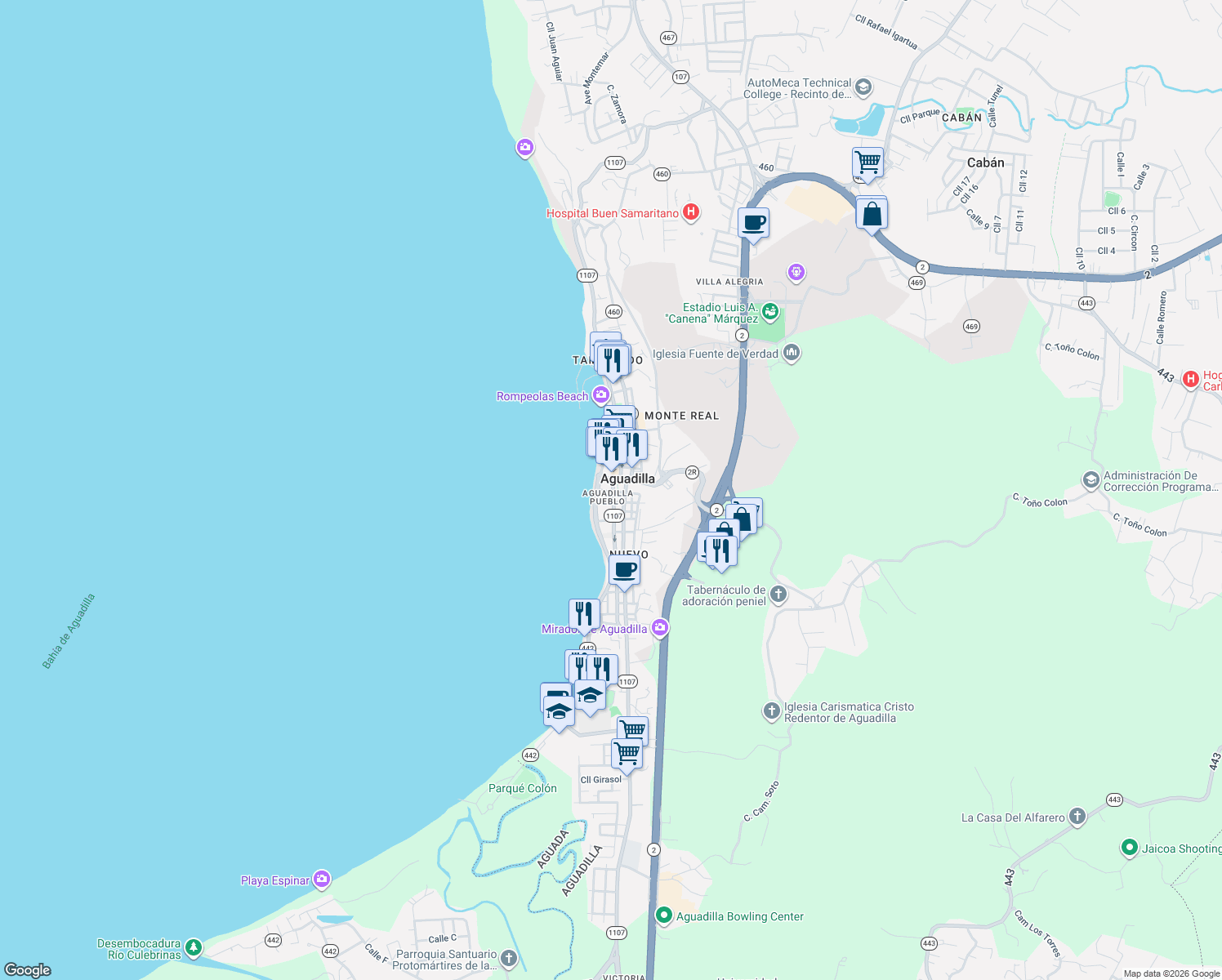map of restaurants, bars, coffee shops, grocery stores, and more near in Aguadilla