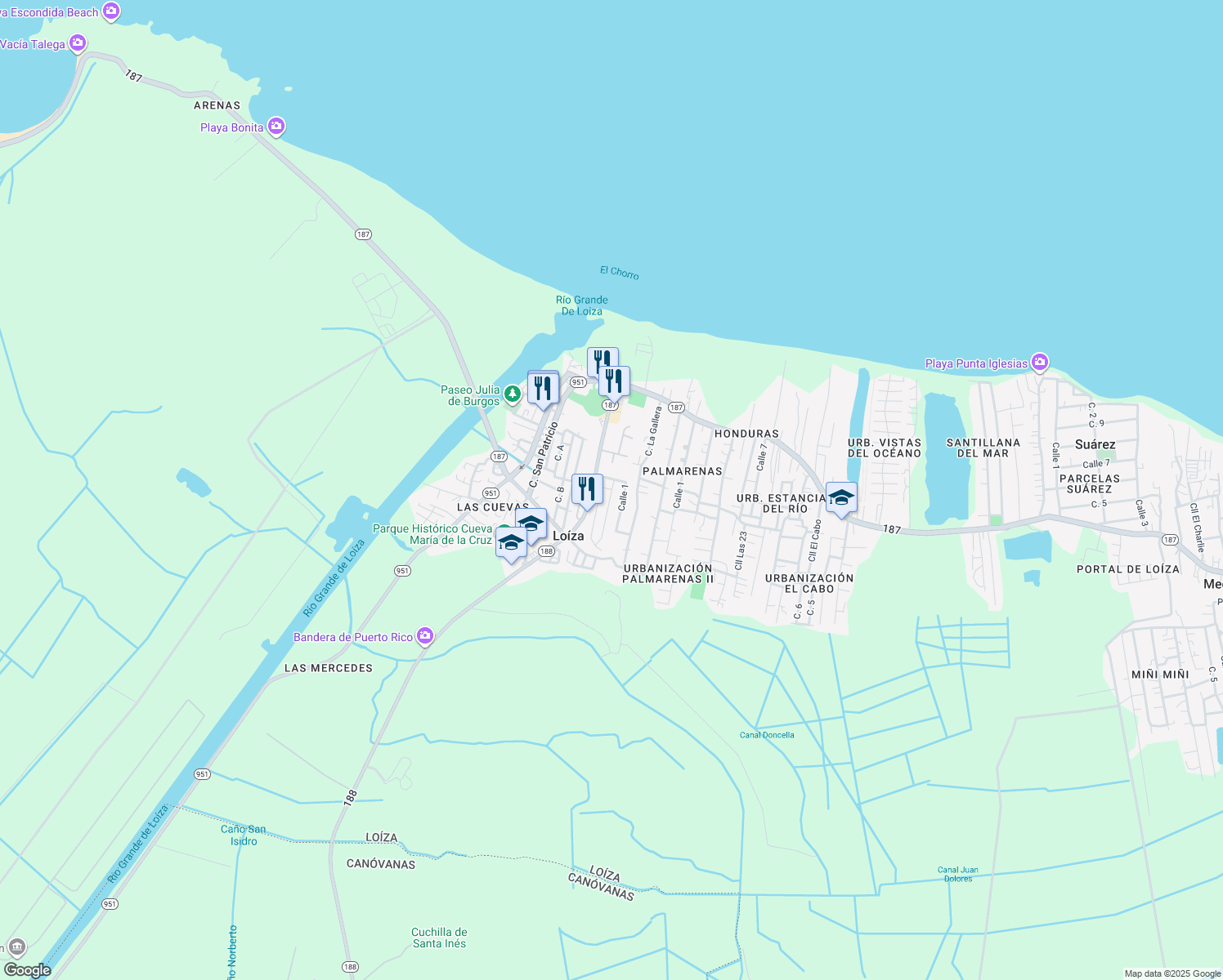 map of restaurants, bars, coffee shops, grocery stores, and more near Calle 2 in Loíza