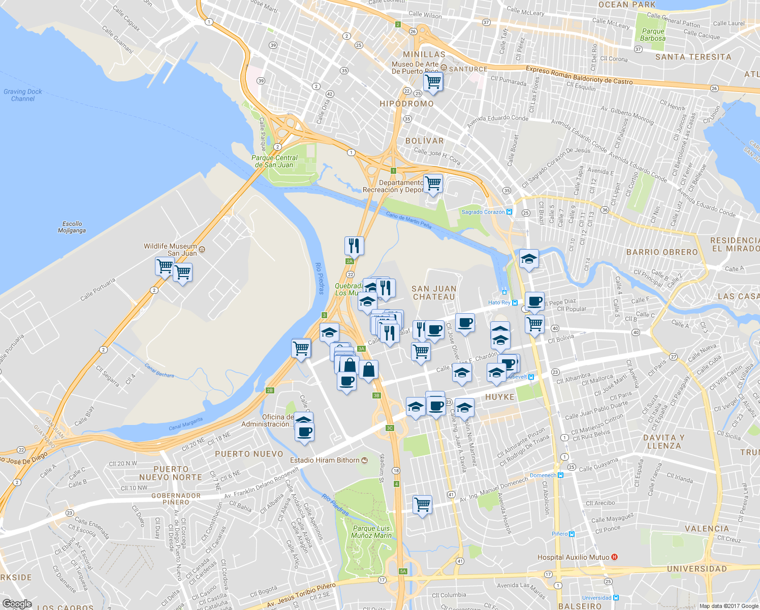 map of restaurants, bars, coffee shops, grocery stores, and more near Calle Angel Buonomo in San Juan