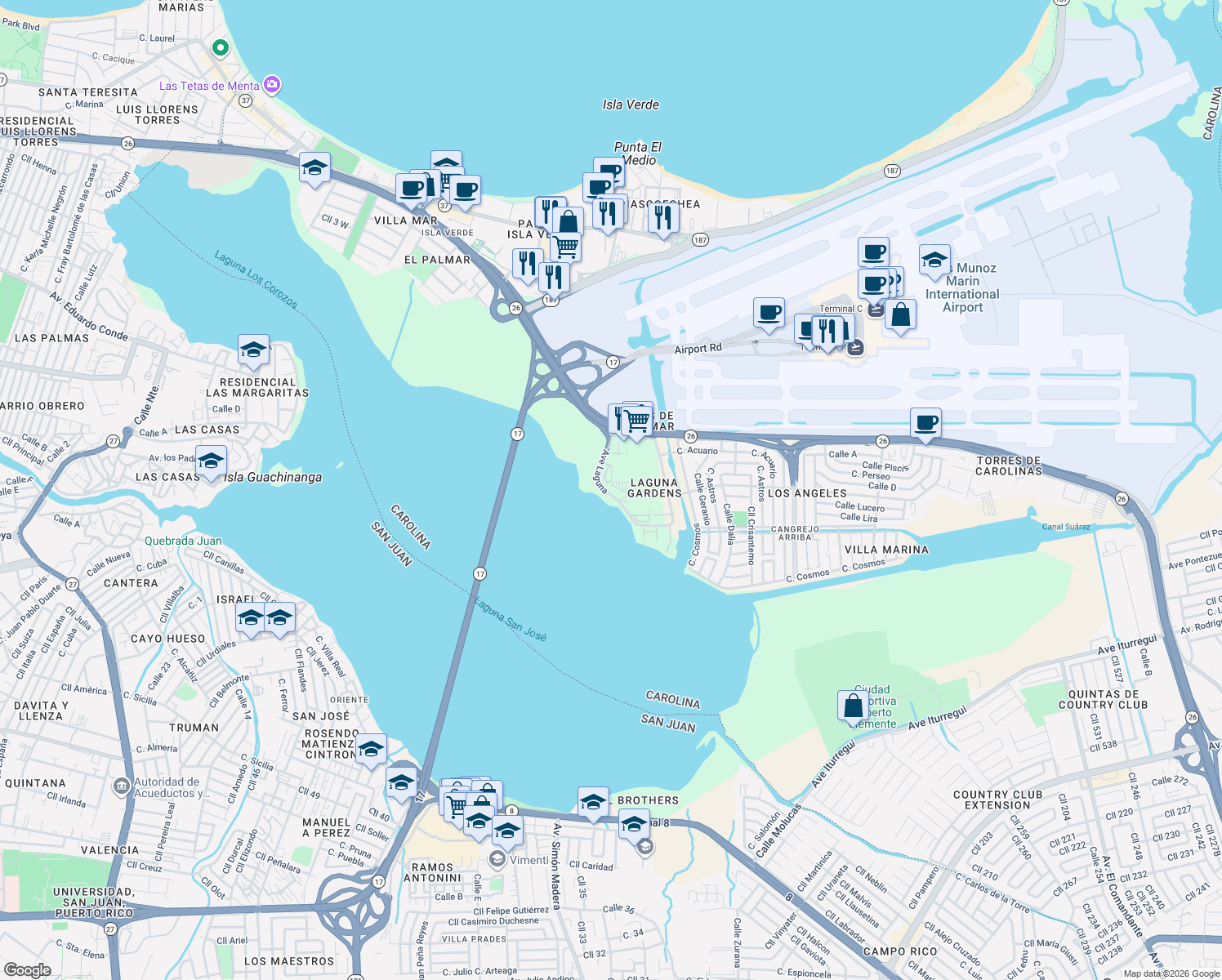 map of restaurants, bars, coffee shops, grocery stores, and more near 27-33 Ave Laguna in Carolina