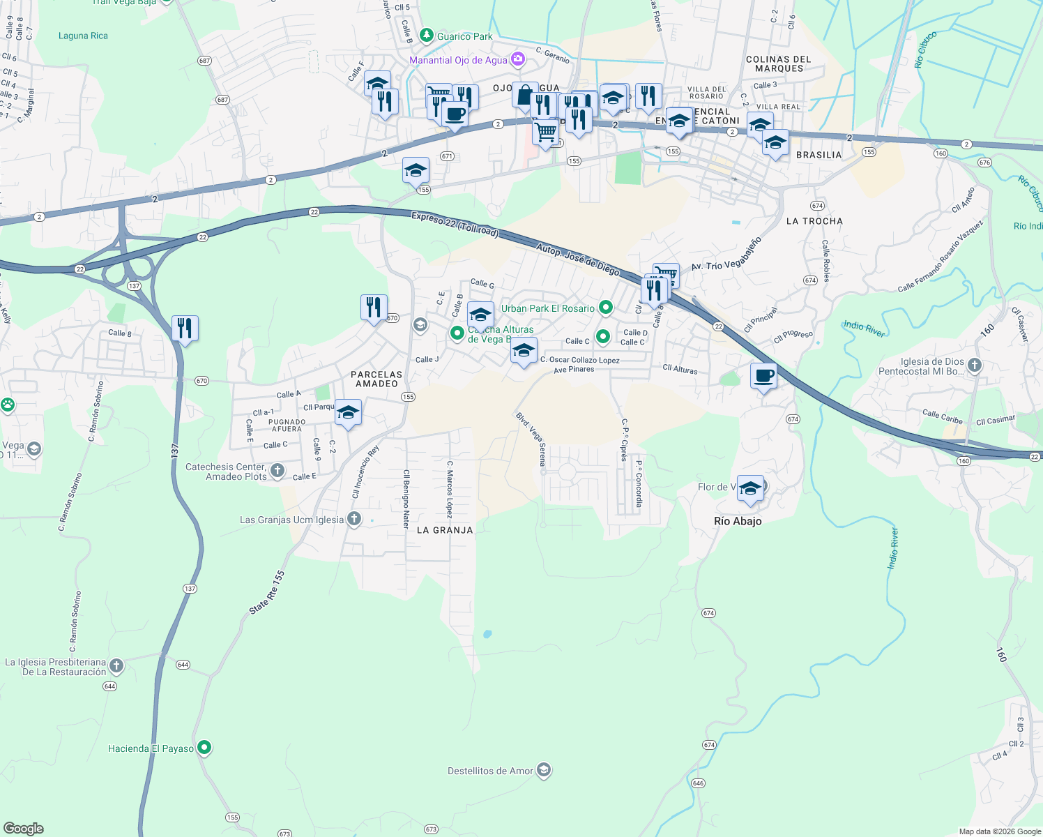 map of restaurants, bars, coffee shops, grocery stores, and more near Boulevard Vega Serena in Vega Baja