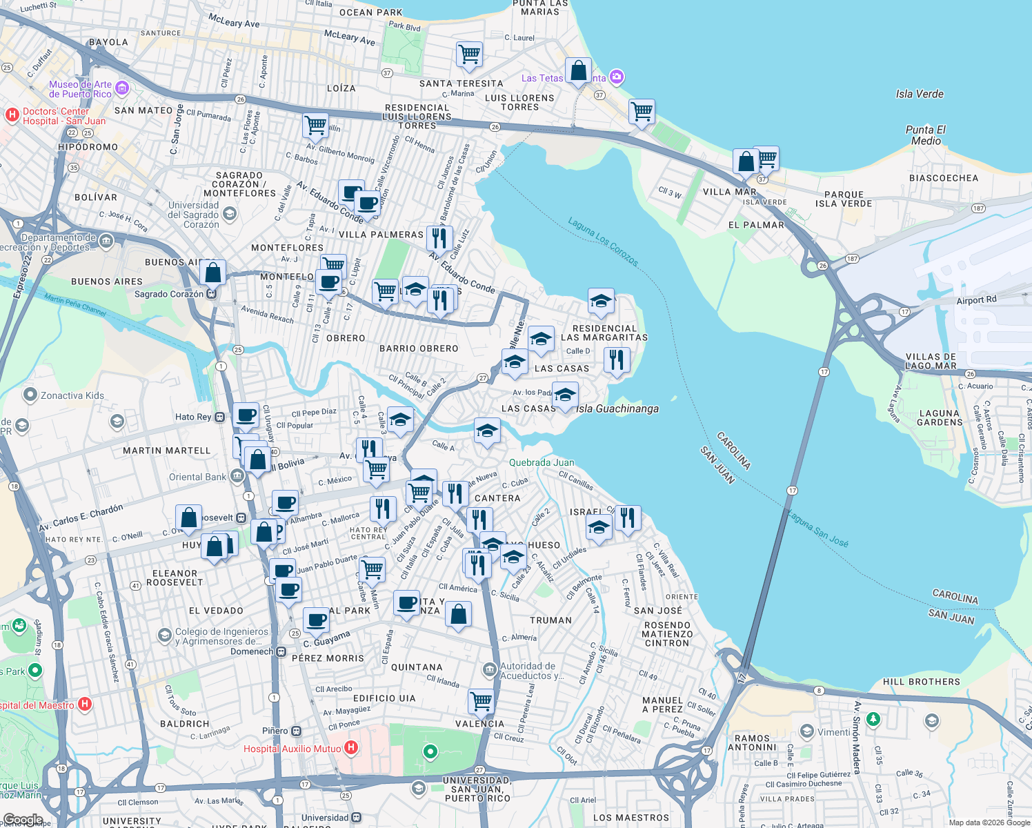 map of restaurants, bars, coffee shops, grocery stores, and more near 731 Calle Magdalena in San Juan