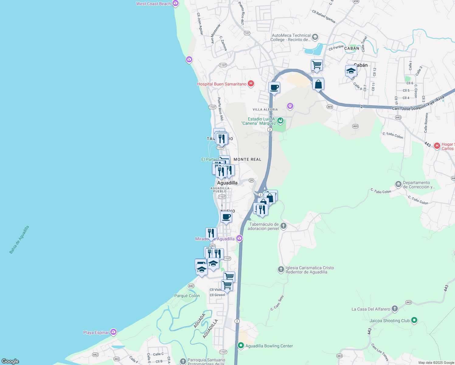 map of restaurants, bars, coffee shops, grocery stores, and more near in Aguadilla