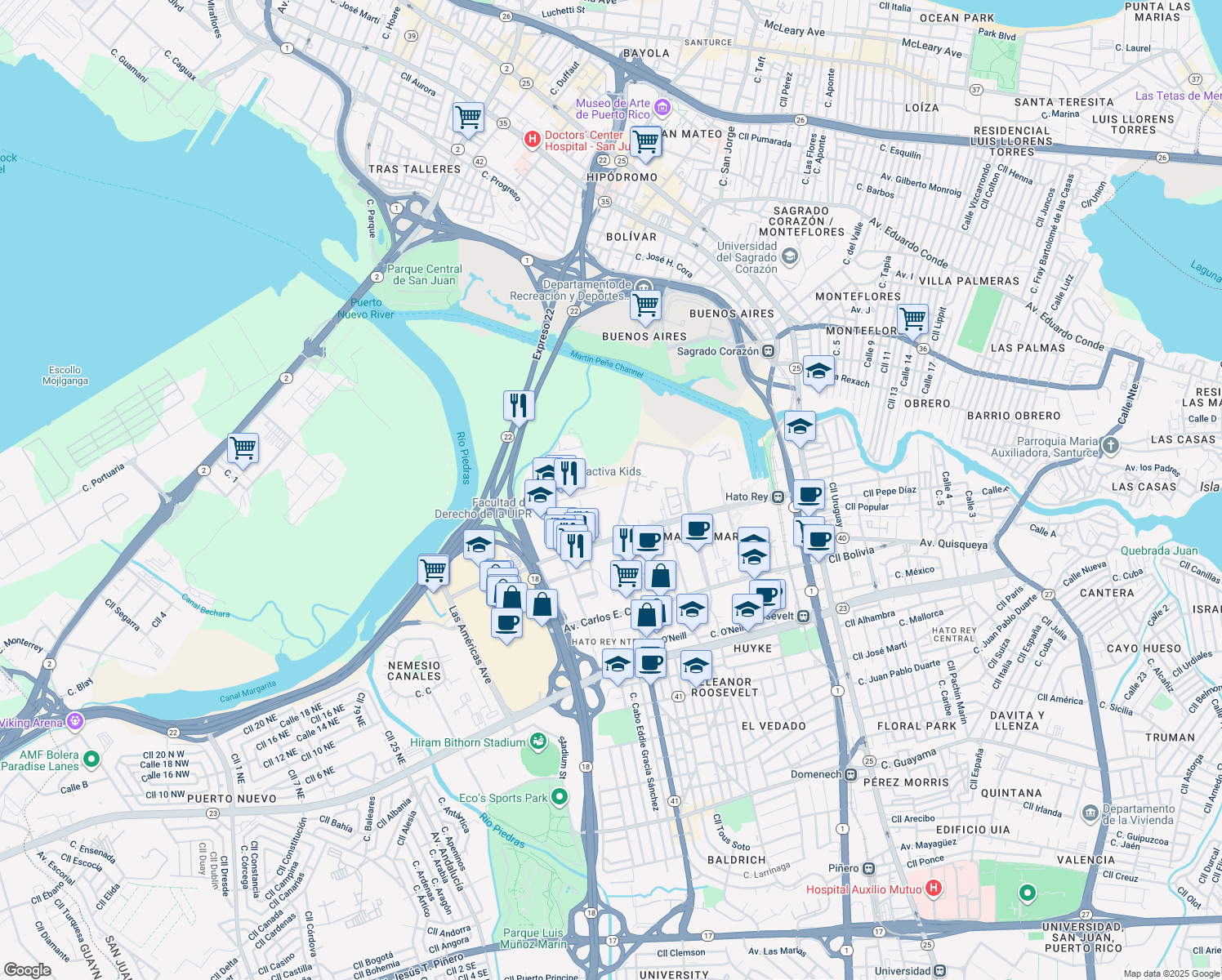map of restaurants, bars, coffee shops, grocery stores, and more near Calle Angel Buonomo in San Juan