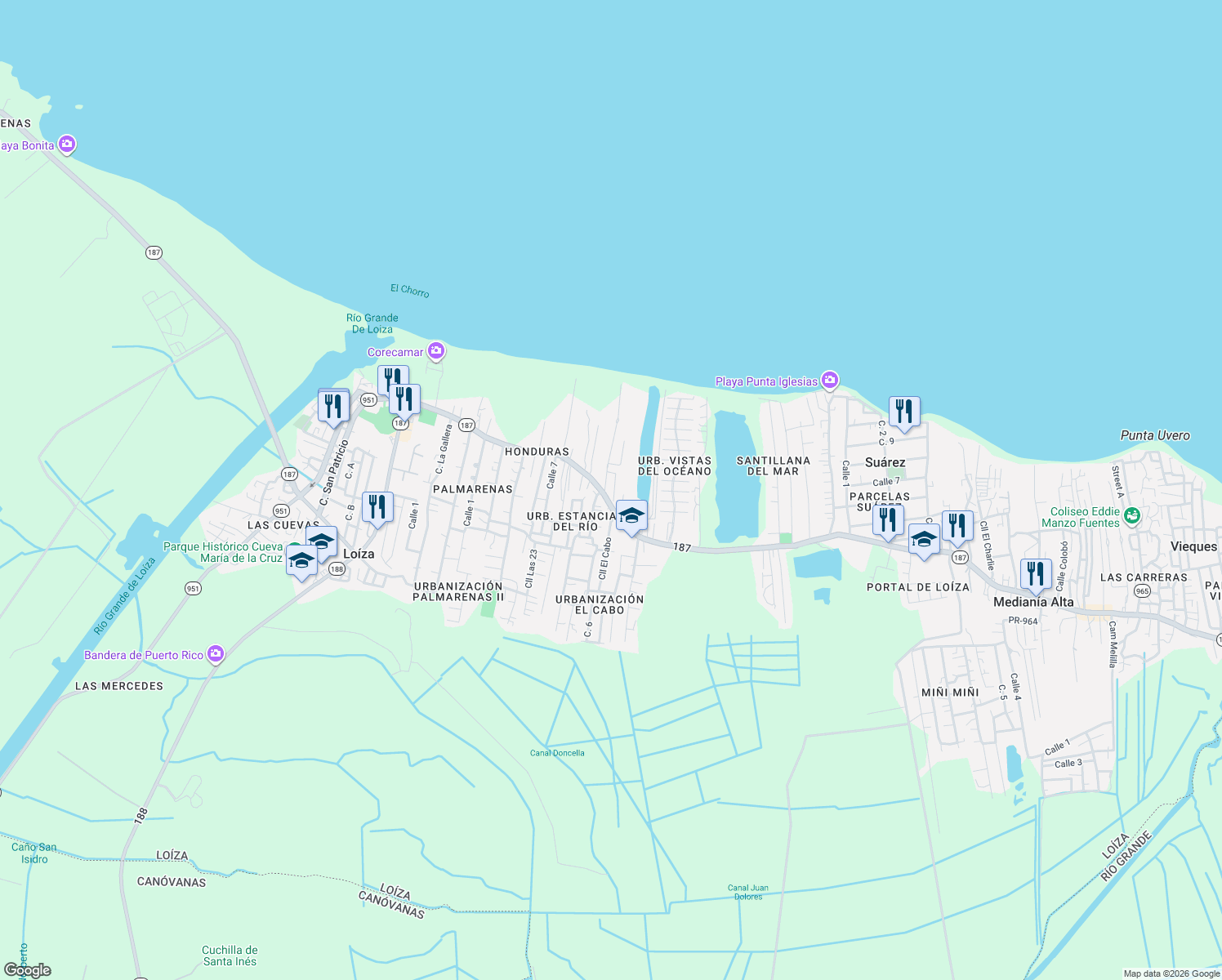 map of restaurants, bars, coffee shops, grocery stores, and more near in Loíza