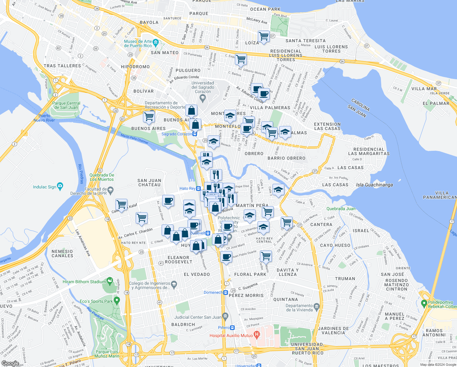 map of restaurants, bars, coffee shops, grocery stores, and more near in San Juan