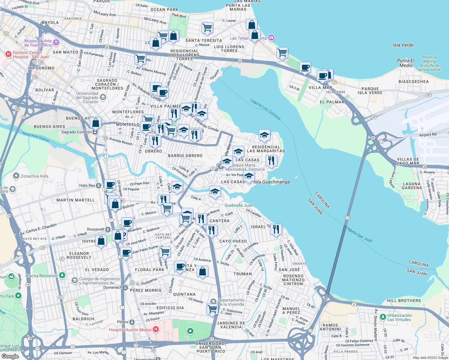 map of restaurants, bars, coffee shops, grocery stores, and more near 1115-1131 Calle Santa Elena in San Juan