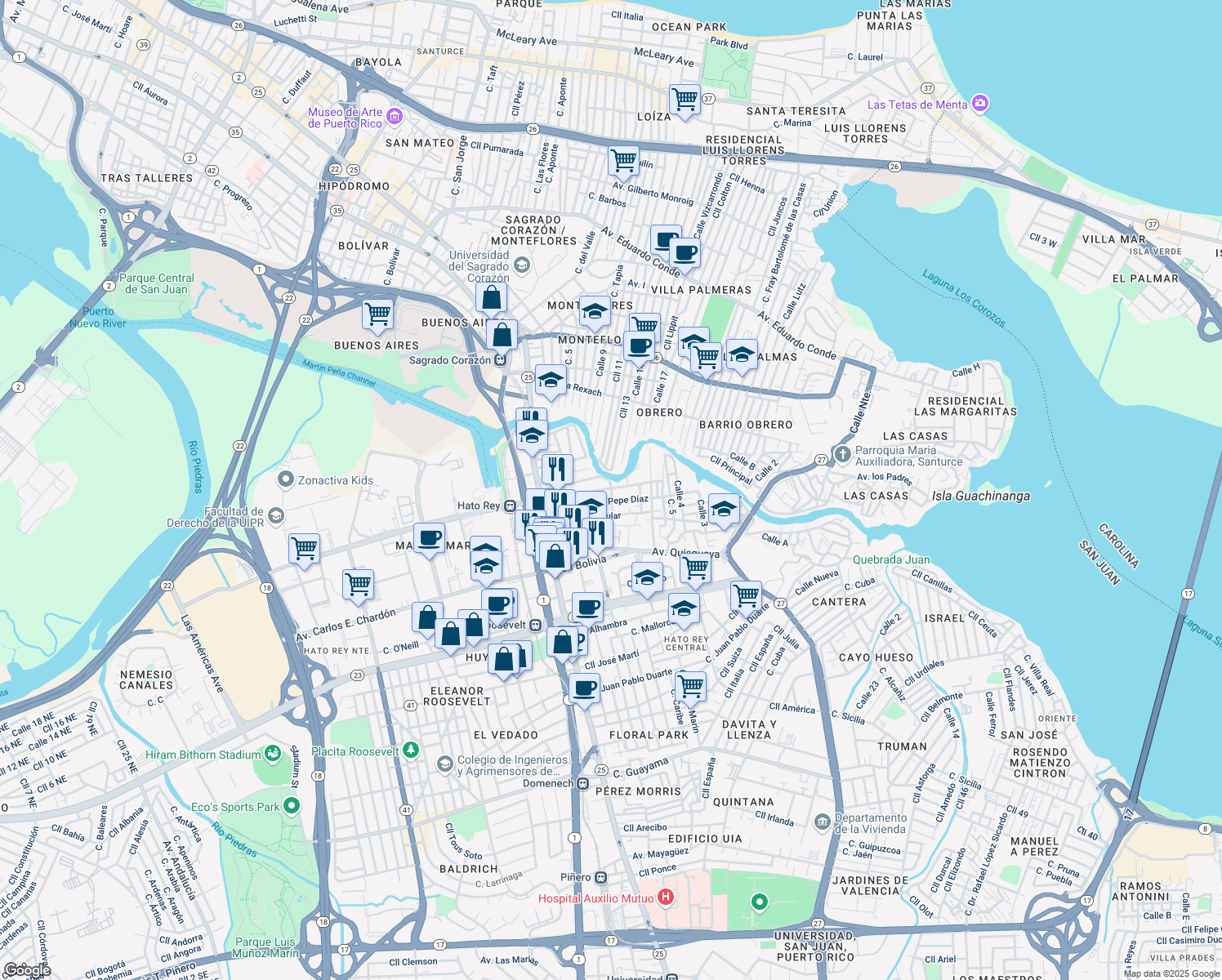map of restaurants, bars, coffee shops, grocery stores, and more near in San Juan
