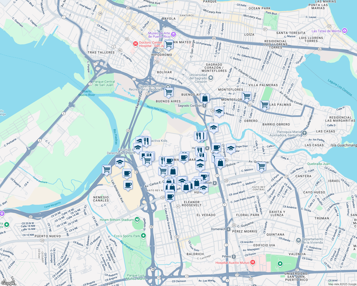 map of restaurants, bars, coffee shops, grocery stores, and more near 130 Avenida Licenciado Eugenio María de Hostos in San Juan