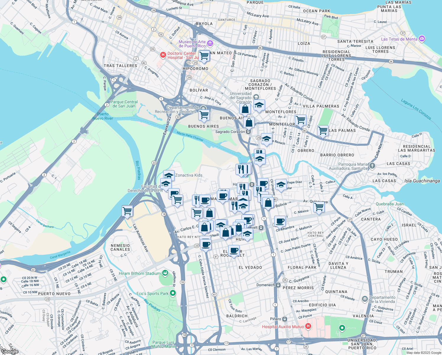 map of restaurants, bars, coffee shops, grocery stores, and more near 130 Avenida Licenciado Eugenio María de Hostos in San Juan