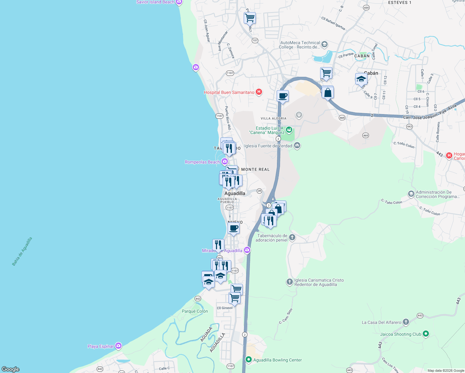 map of restaurants, bars, coffee shops, grocery stores, and more near 38 Calle Muñoz Rivera in Aguadilla Pueblo