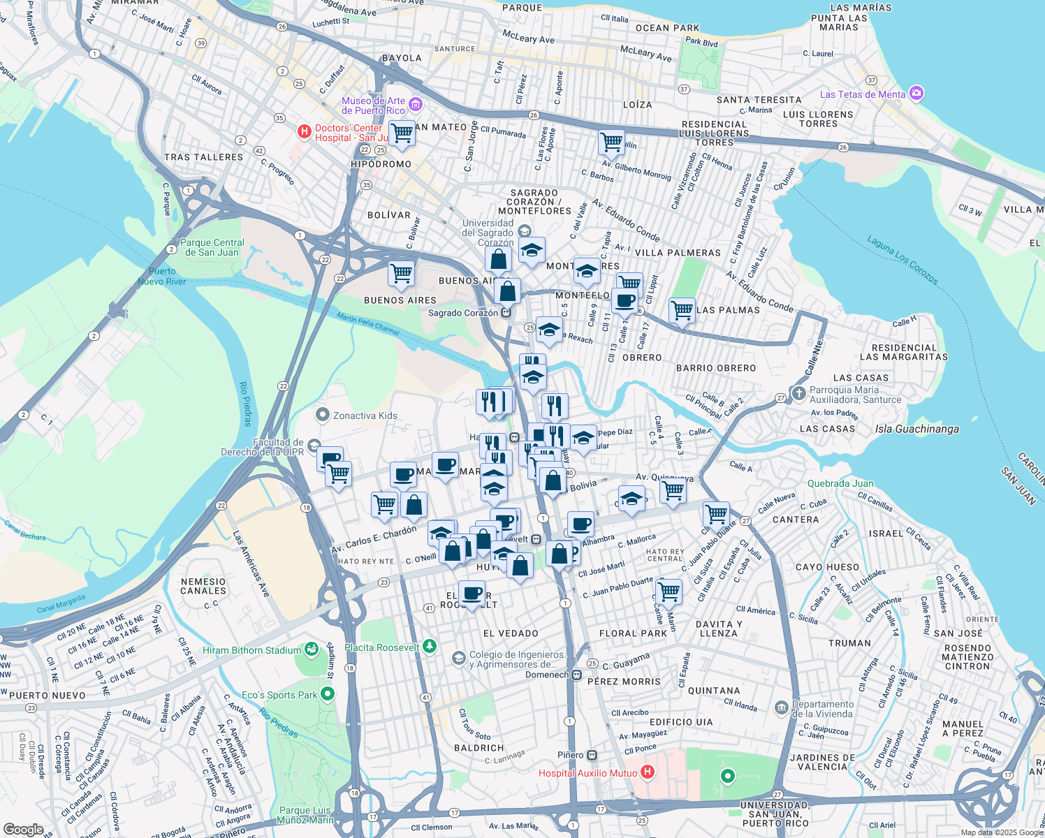 map of restaurants, bars, coffee shops, grocery stores, and more near Avenida Arterial B in San Juan