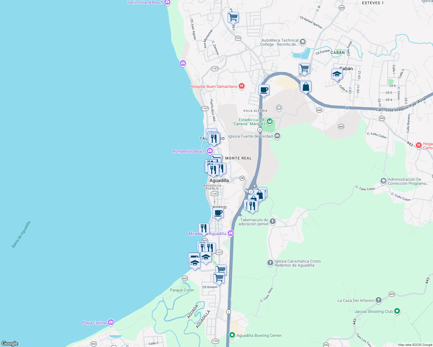 map of restaurants, bars, coffee shops, grocery stores, and more near 38 Calle Muñoz Rivera in Aguadilla