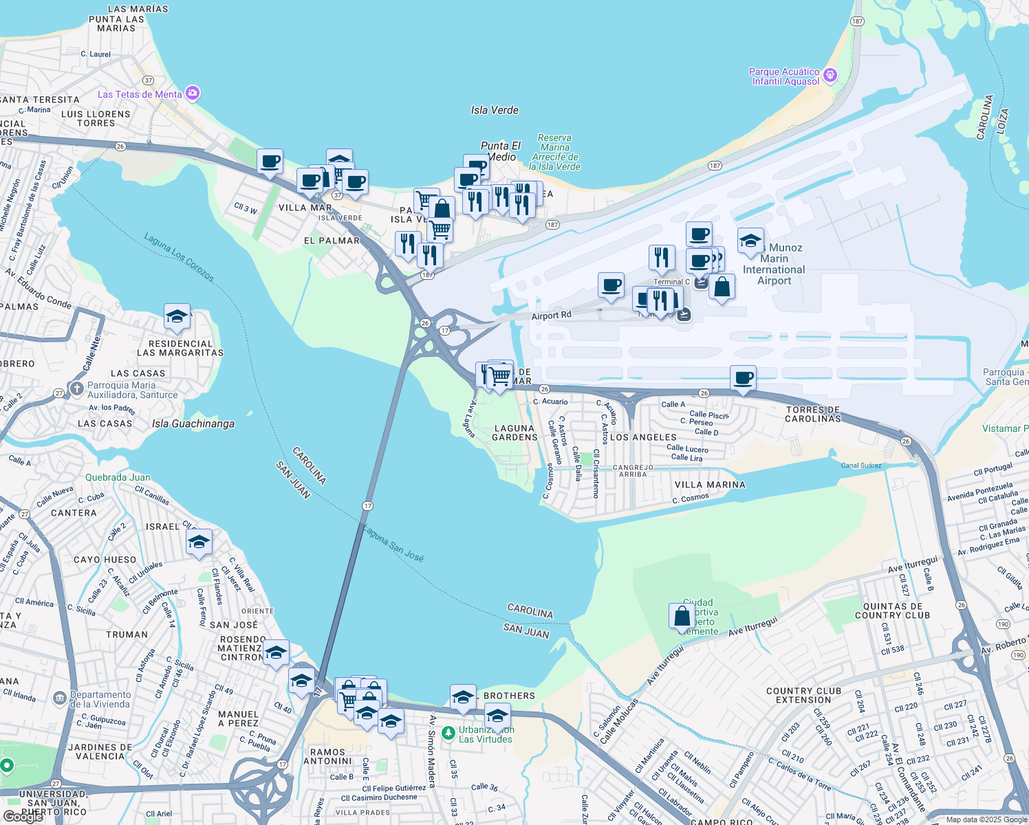 map of restaurants, bars, coffee shops, grocery stores, and more near 13-17 Avenida Laguna in Carolina