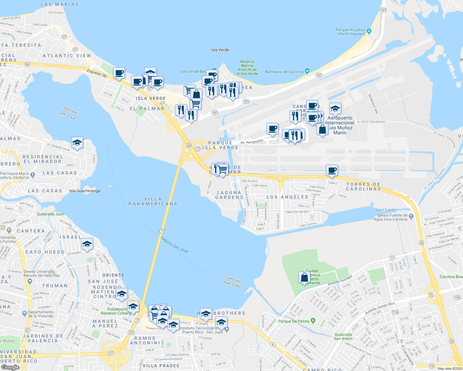 map of restaurants, bars, coffee shops, grocery stores, and more near 13 Avenida Laguna in Carolina