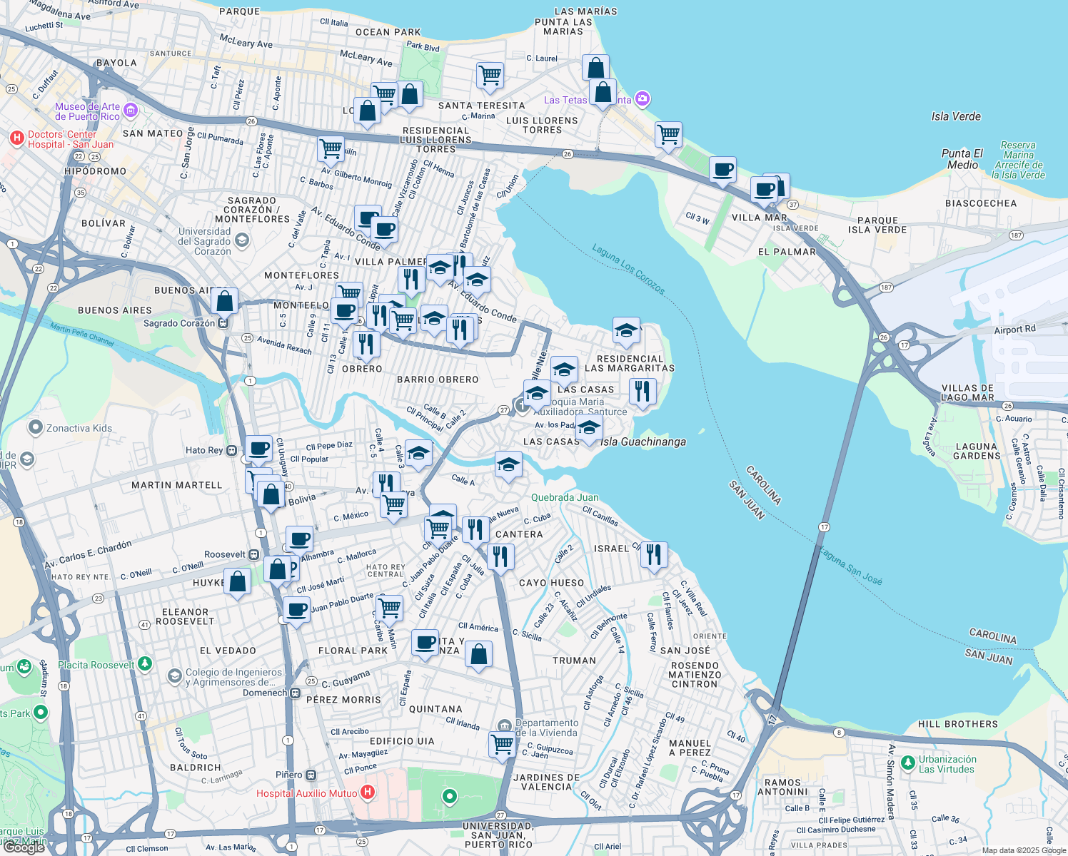 map of restaurants, bars, coffee shops, grocery stores, and more near 1115 Calle Santa Elena in San Juan