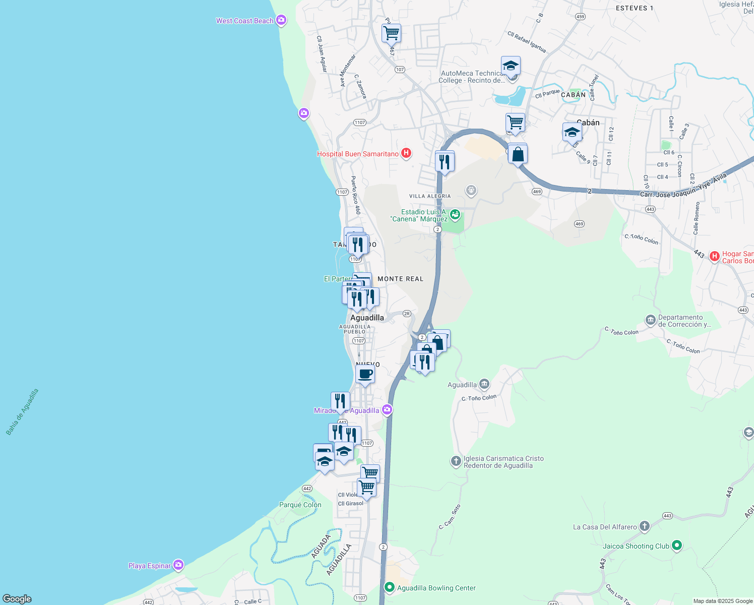 map of restaurants, bars, coffee shops, grocery stores, and more near Highway 111R in Aguadilla