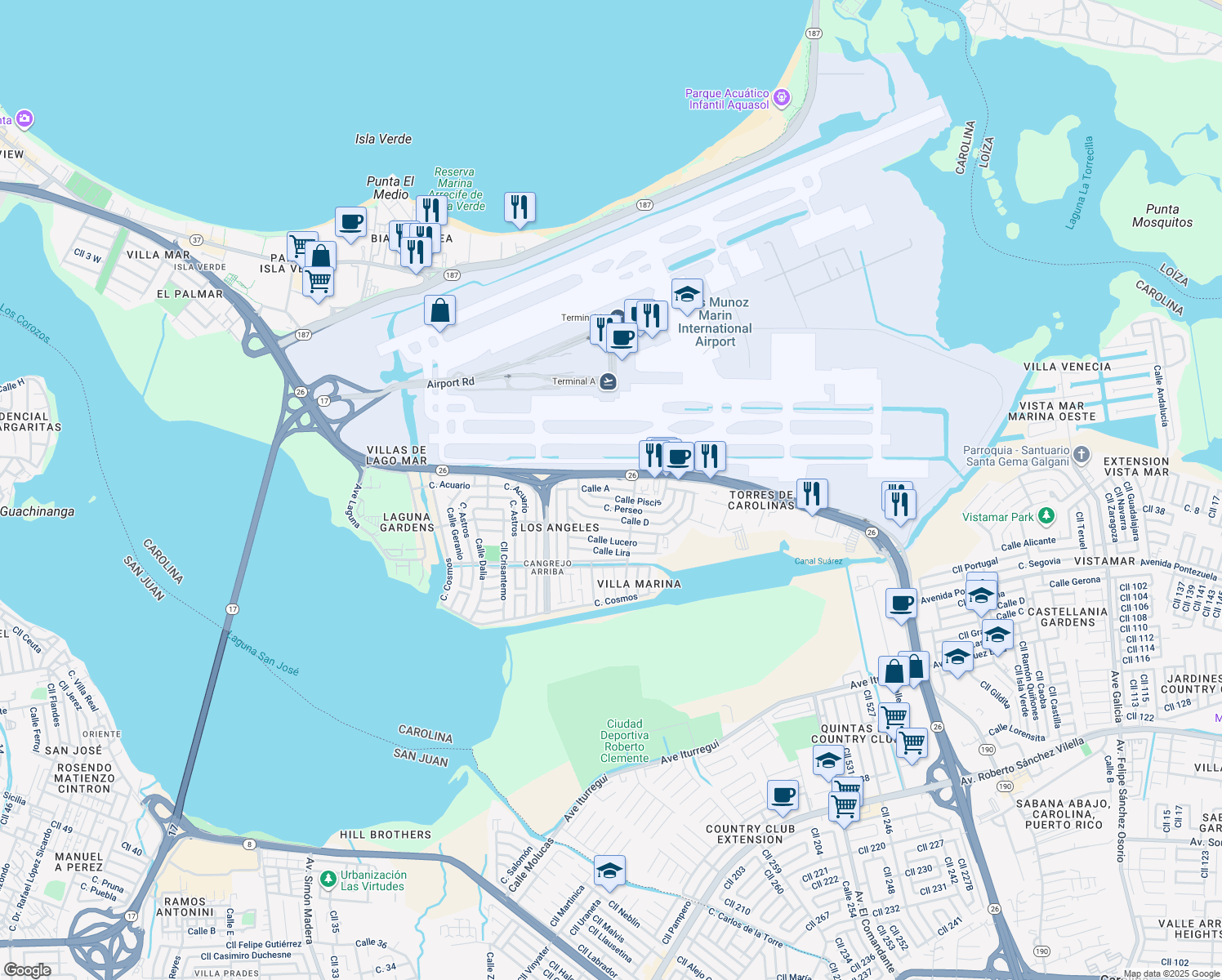 map of restaurants, bars, coffee shops, grocery stores, and more near 1-53 Calle Piscis in Carolina
