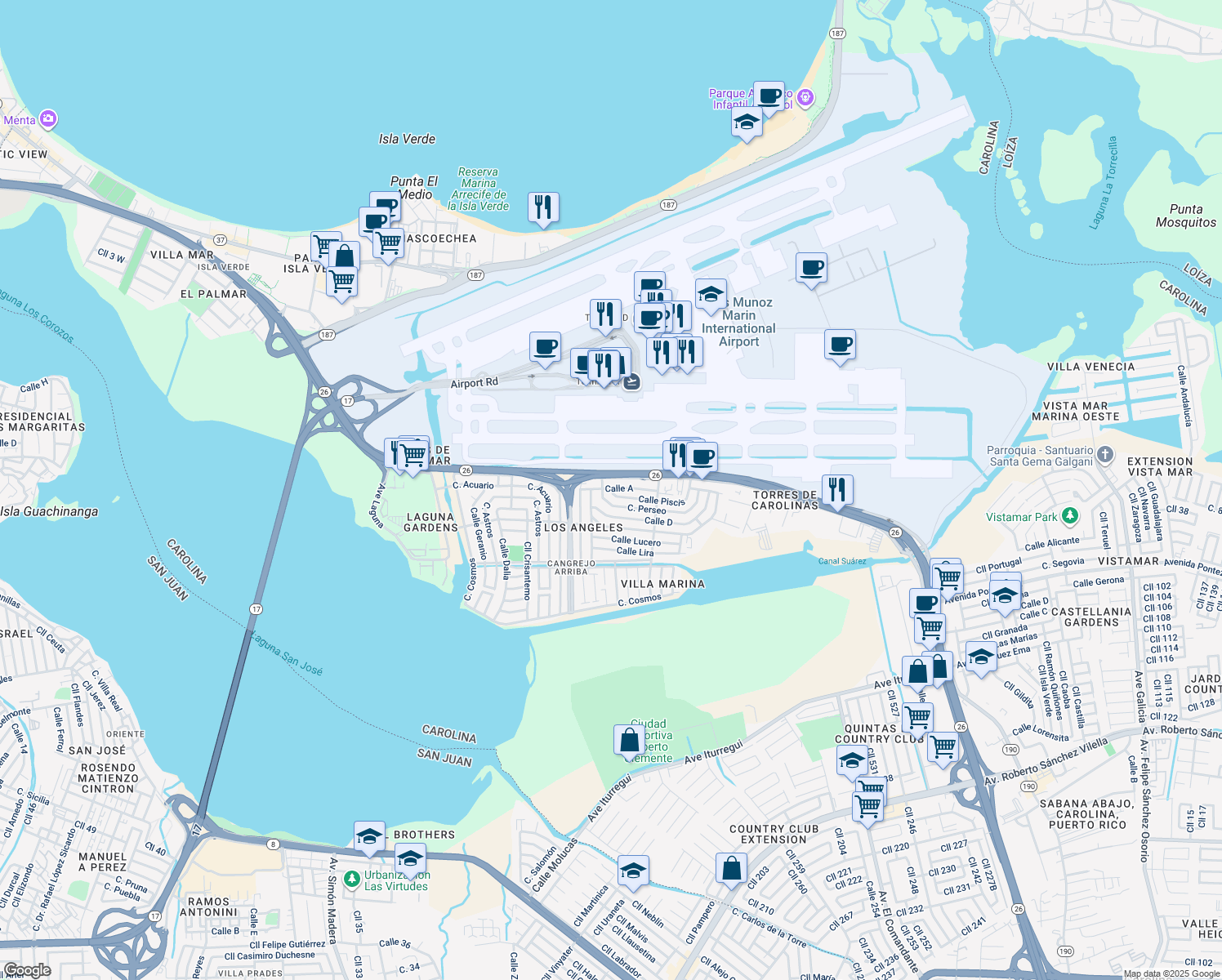 map of restaurants, bars, coffee shops, grocery stores, and more near 1 Calle Piscis in Carolina