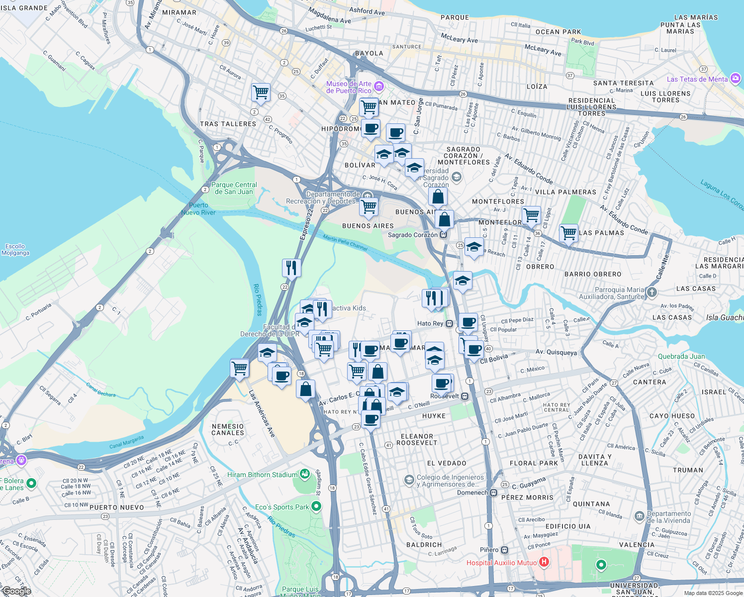 map of restaurants, bars, coffee shops, grocery stores, and more near in San Juan